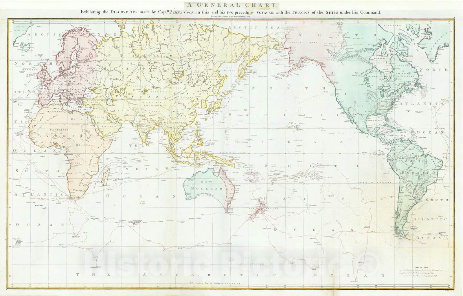 Amazon.com: World - Cook's Three Voyages Chart 1782 Historical Map