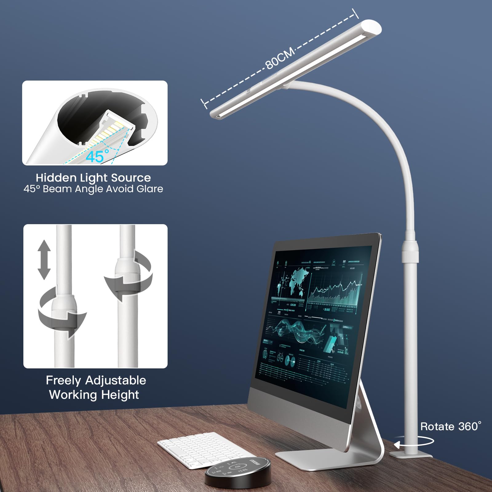 EYOCEAN Desk Lamp, 31.5" Desk Light for Home Office, Brightest 24W, Gesture Sensor & Remote Control, Dimmable & Color Temperature, Monitor Light Bar with Telescopic Rod, Height Adjustable