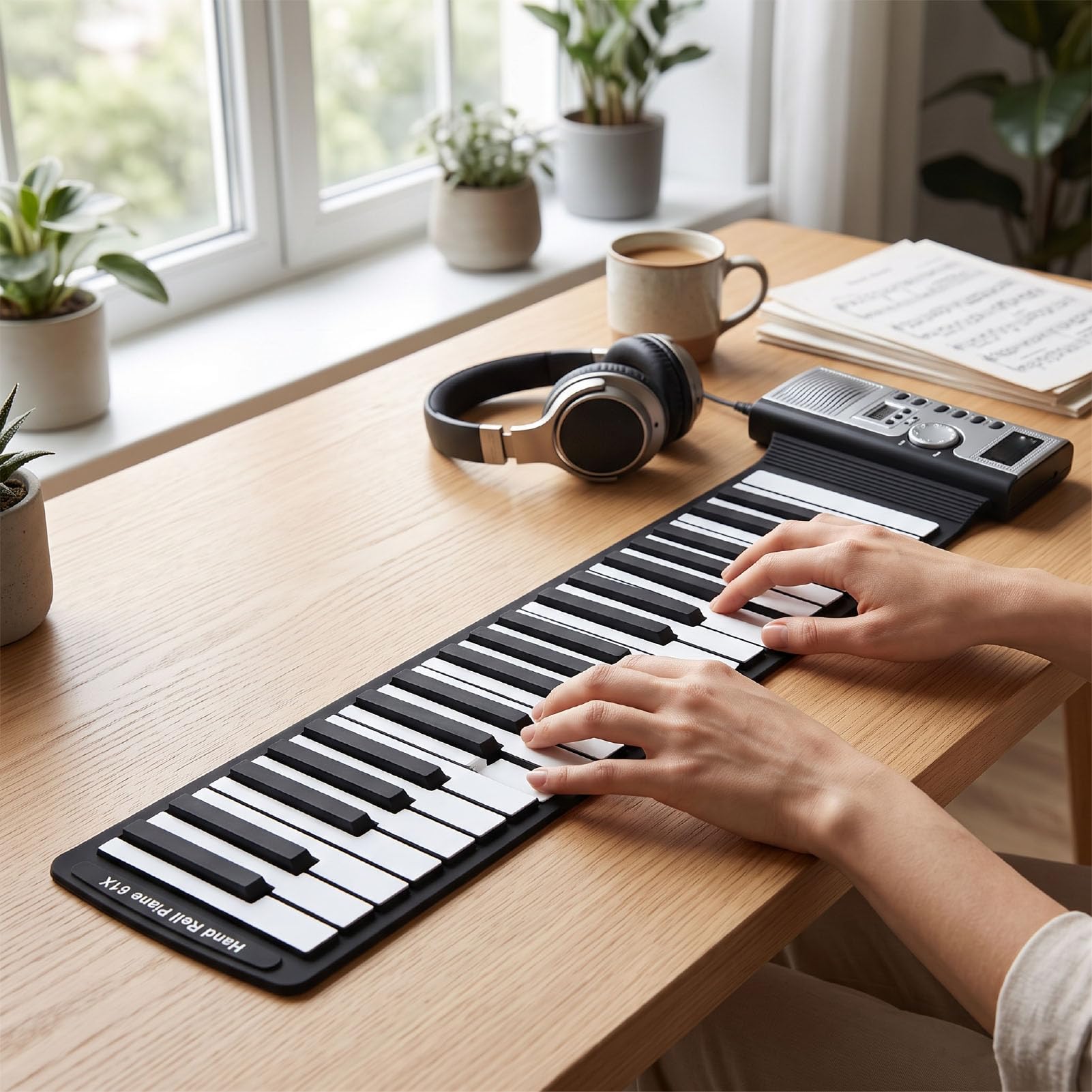 Jiawu Tastiera per Pianoforte Avvolgibile a 61 Tasti, Pianoforte Portatile con 128 Toni, Tastiera Pieghevole con Altoparlante e Cuffie, modalità Insegnamento MIDI per Principianti in