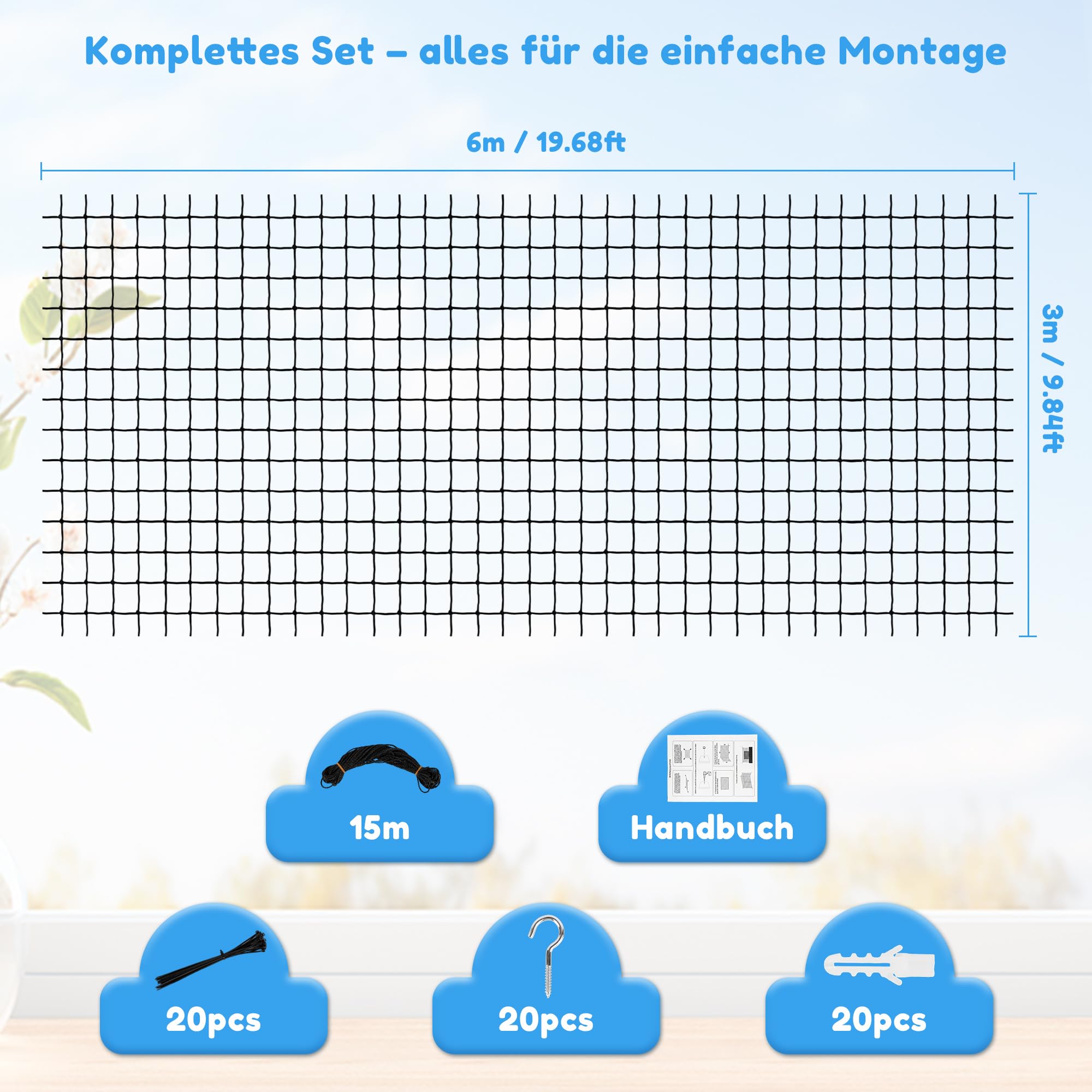 Red para Gatos Terraza 4×3 m,6×3m Reforzada con Cable de Acero, Sin Perforación, Antimordeduras, Resistente a Desgarros y Rayos UV, para Balcón, Ventana, Incluye Cuerda de Fijación y Clavos(6*3)