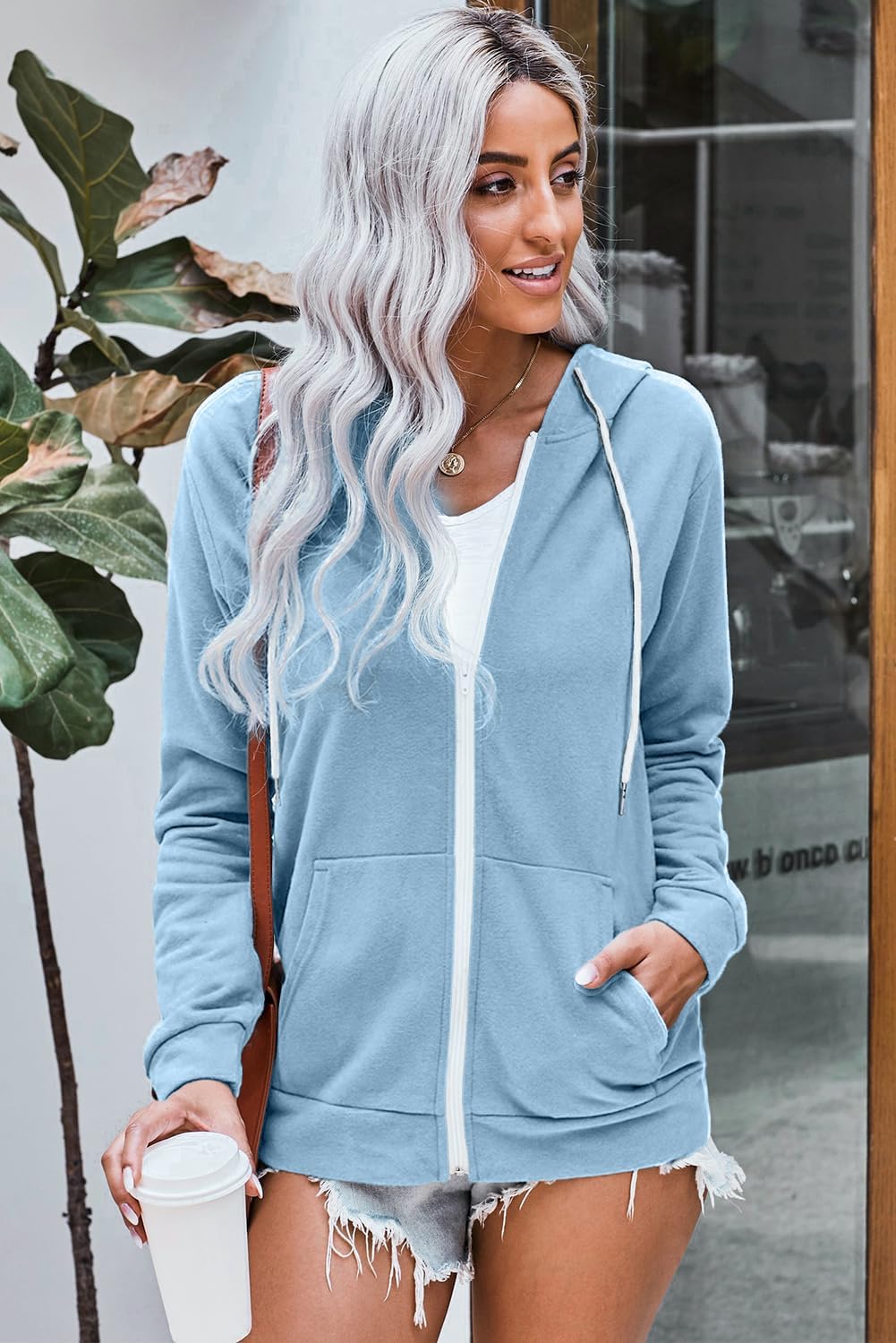 WROLEM Women Casual Full Zip Up Hoodie Comfy Loose Long Sleeve Sweatshirt Solid Color Jacket with Pockets - Image 2
