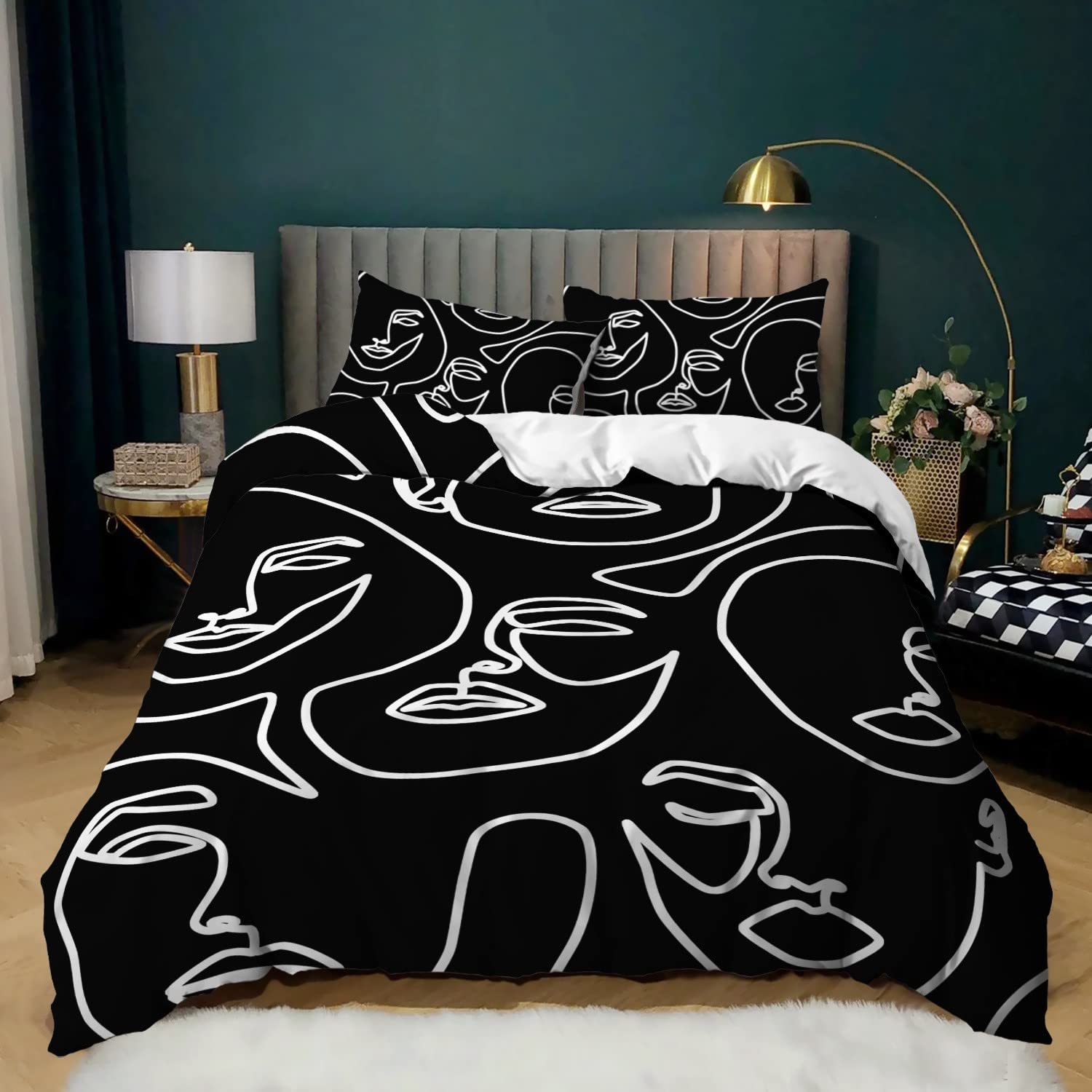 Housse de couette 240x260 zippée microfibre anti-plis parure visage abstrait