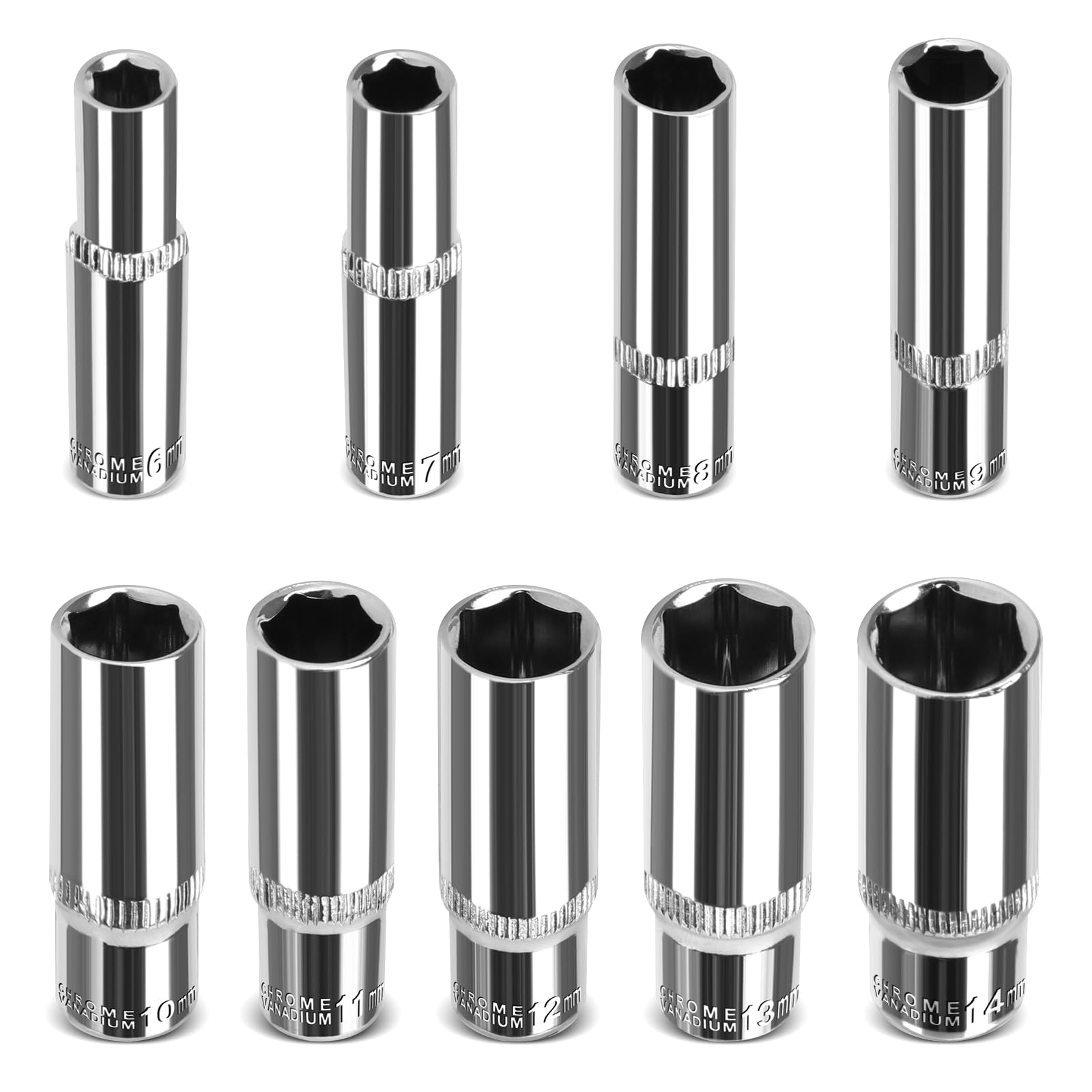 KOMAKE 1/4" Drive Socket Set, 9PCS Metric (6mm-14mm), 6 Point Deep & Shallow Socket Set, Mirror Finish, CR-V Steel -50BV30