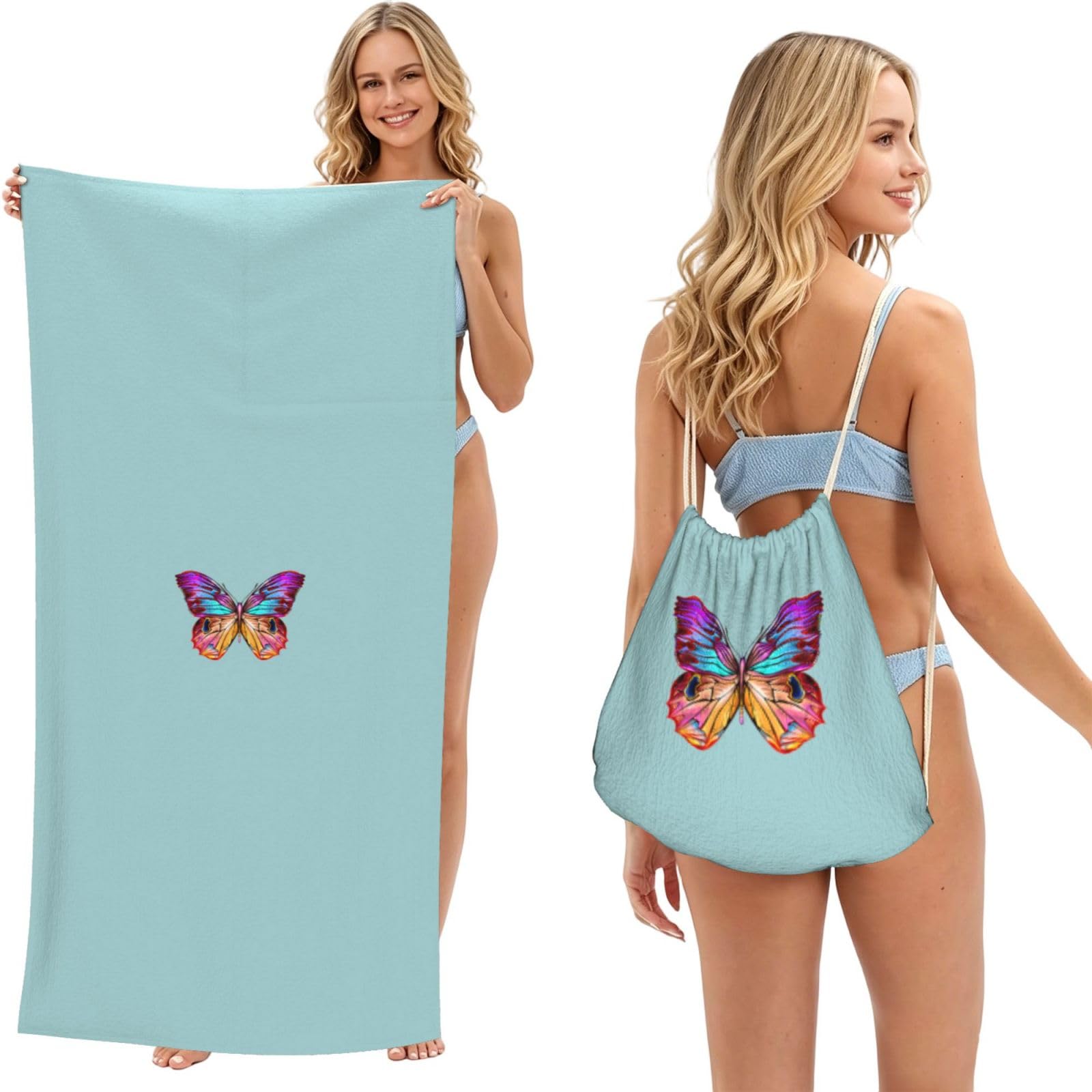 WSHFFILO Colorful Butterfly printed 2 in 1 Packable Towel Bag Bath Towel Beach Towel