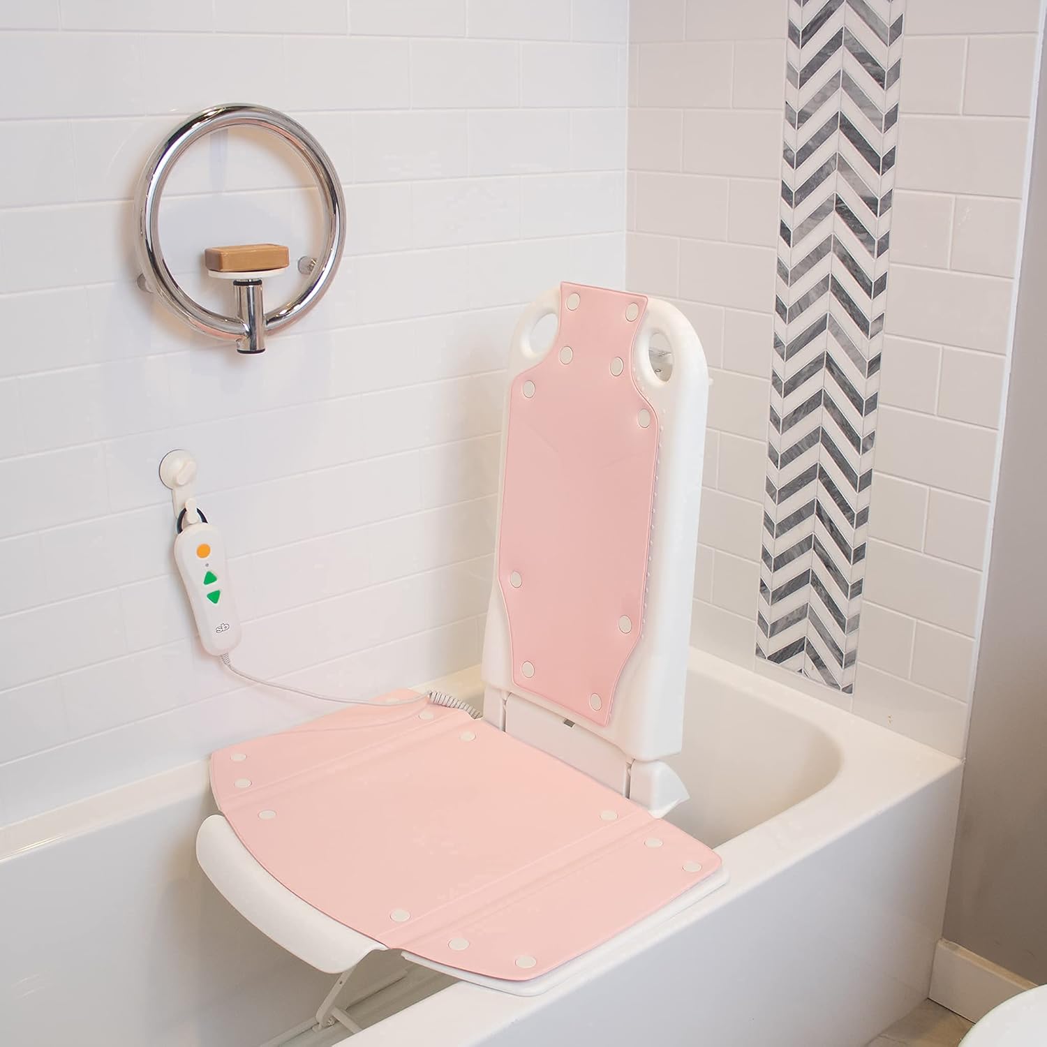 Showerbuddy Lightweight Power Charged Reclining Bath Lift Chair | Battery Operated Remote Control | Backrest Reclines 45° Support | 2.5 Hour Recharging Time | 300lb Weight Capacity (Pink) : Health & Household