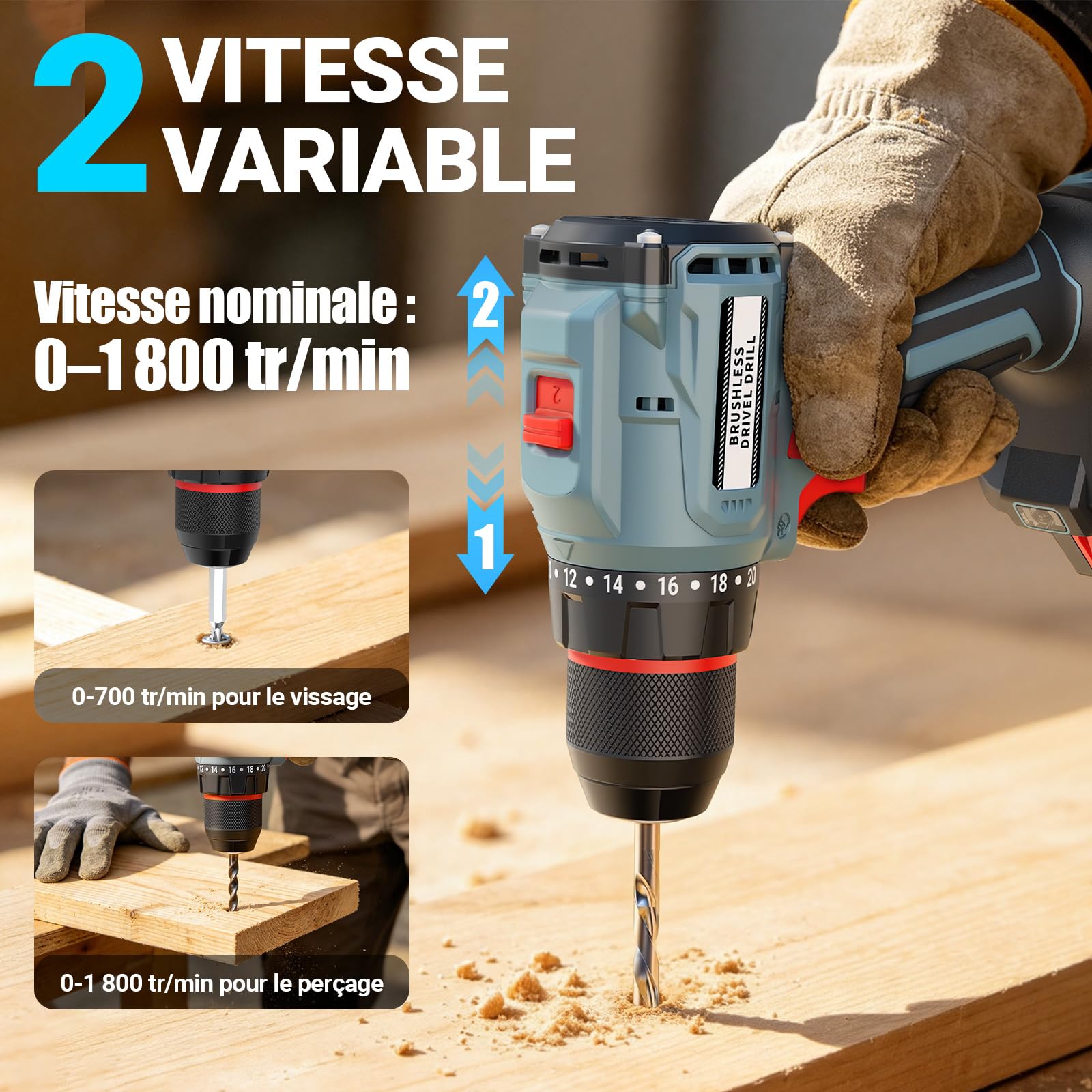 Brushless Trapano Avvitatore Batteria, 21V Trapano a Percussione, 55Nm Max con 2 Batterie 2.0Ah, 20+1Coppia,2 Velocità,LED Luce, Elettrico Avvitatore Ideale per forare e avvitare