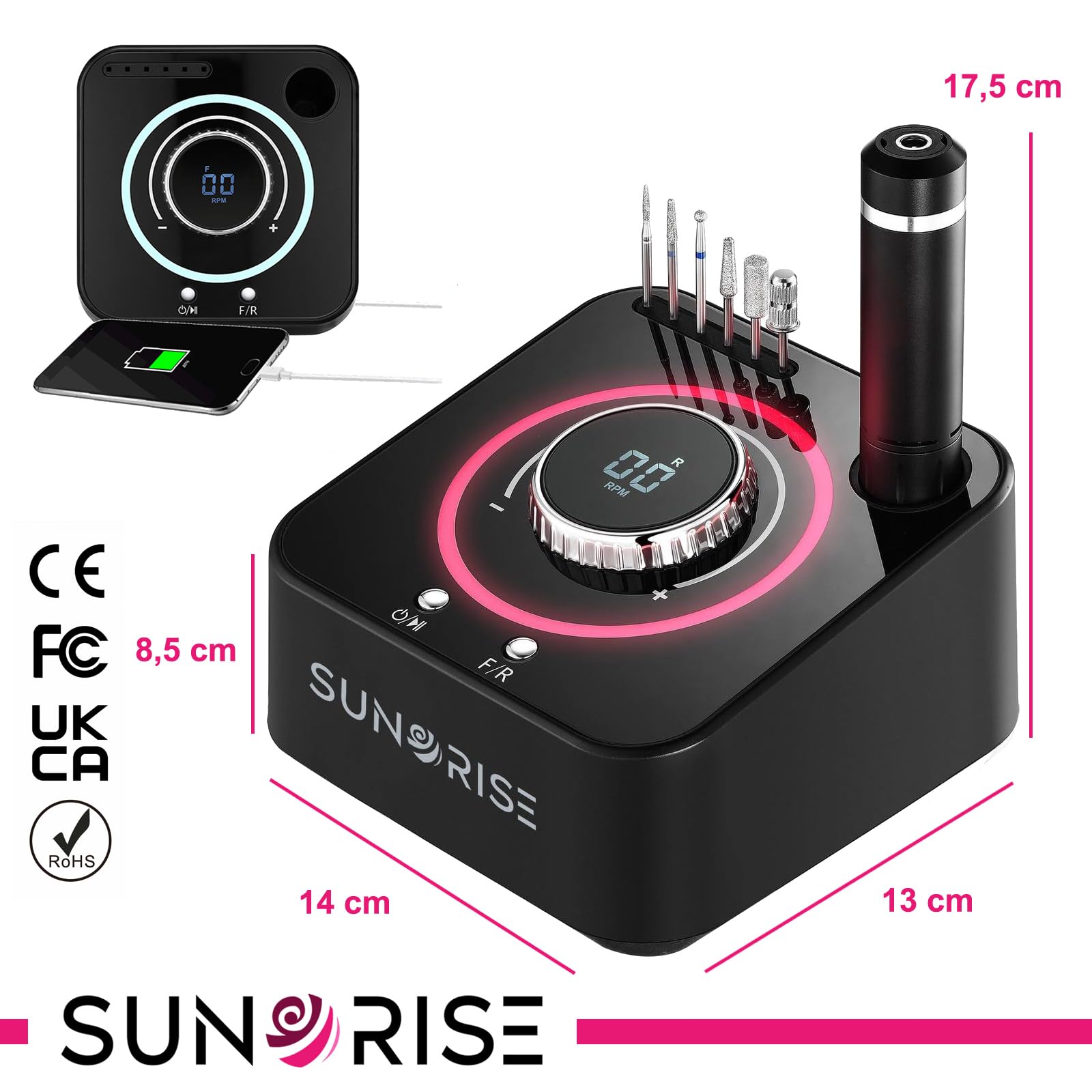 Fresa per Unghie Professionale - 40000 Giri, LED Multicolor e USB - Lima Elettrica - 6 Punte 36 Cilindri - per Pedicure e Manicure - Nail Drill (Nero)