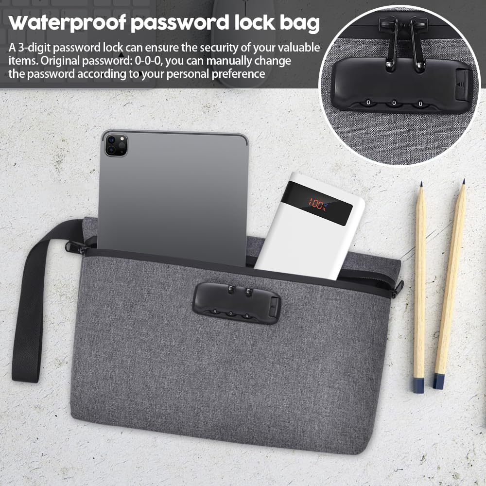 Bolsa Antiodor con Cerradura de Combinación, 32 x 20 cm Bolsa de Dinero Impermeable, Prueba de Olores, Antirrobo, Viajar Bolsa de Almacenamiento, para Almacenar Efectivo y Objetos (gris)