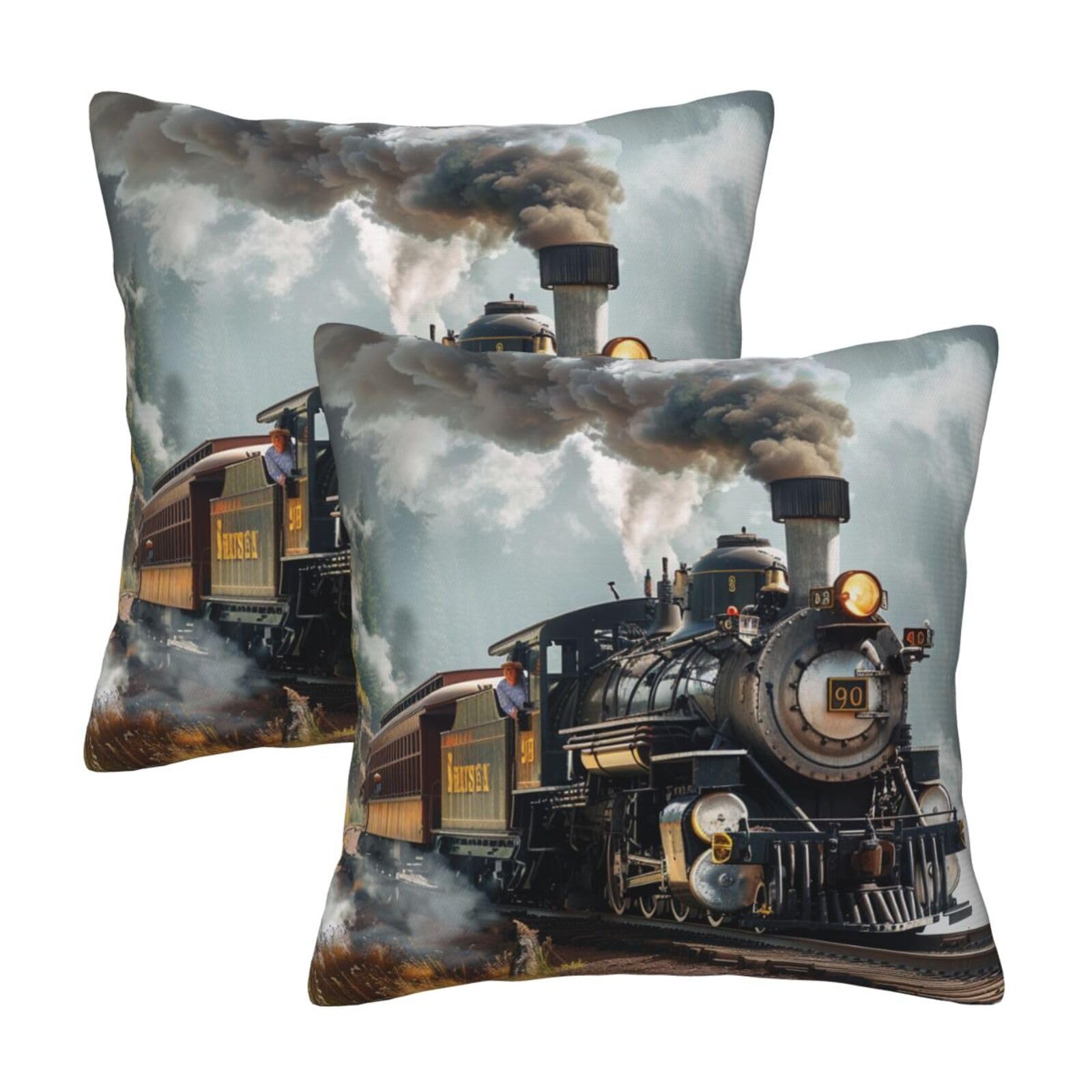 Steam Train Throw Pillow Cases 2 Pack Square Pillowcases Soft Pillow Protectors for Couch Livingroom Sofa Bed Office Car,30x30 CM
