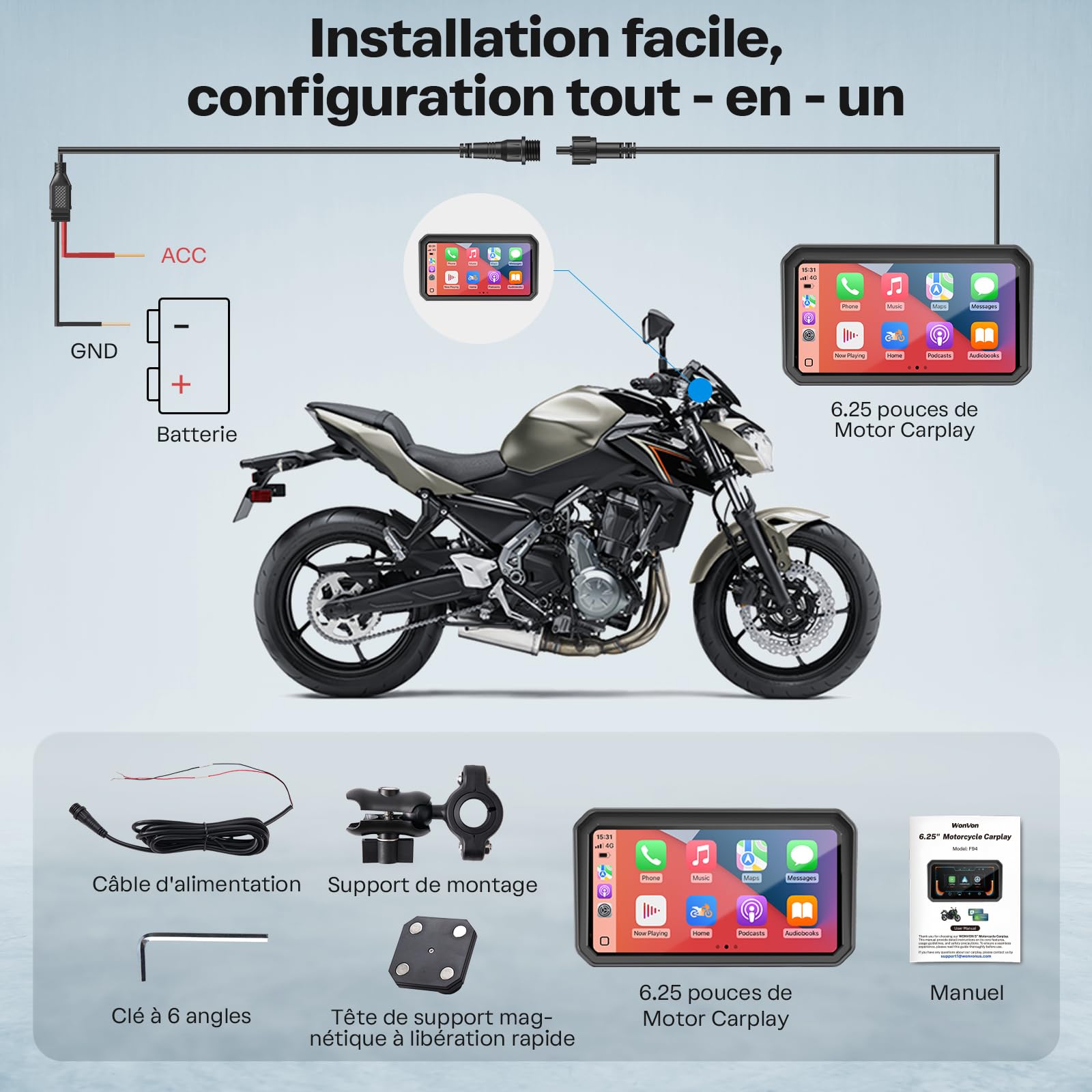 WonVon CarPlay 6.25 Pouces Système de Navigation GPS pour Moto avec Apple CarPlay et Android Auto écran Portable avec Double Bluetooth, Navigation, Siri, Google Assistant Support magnétique