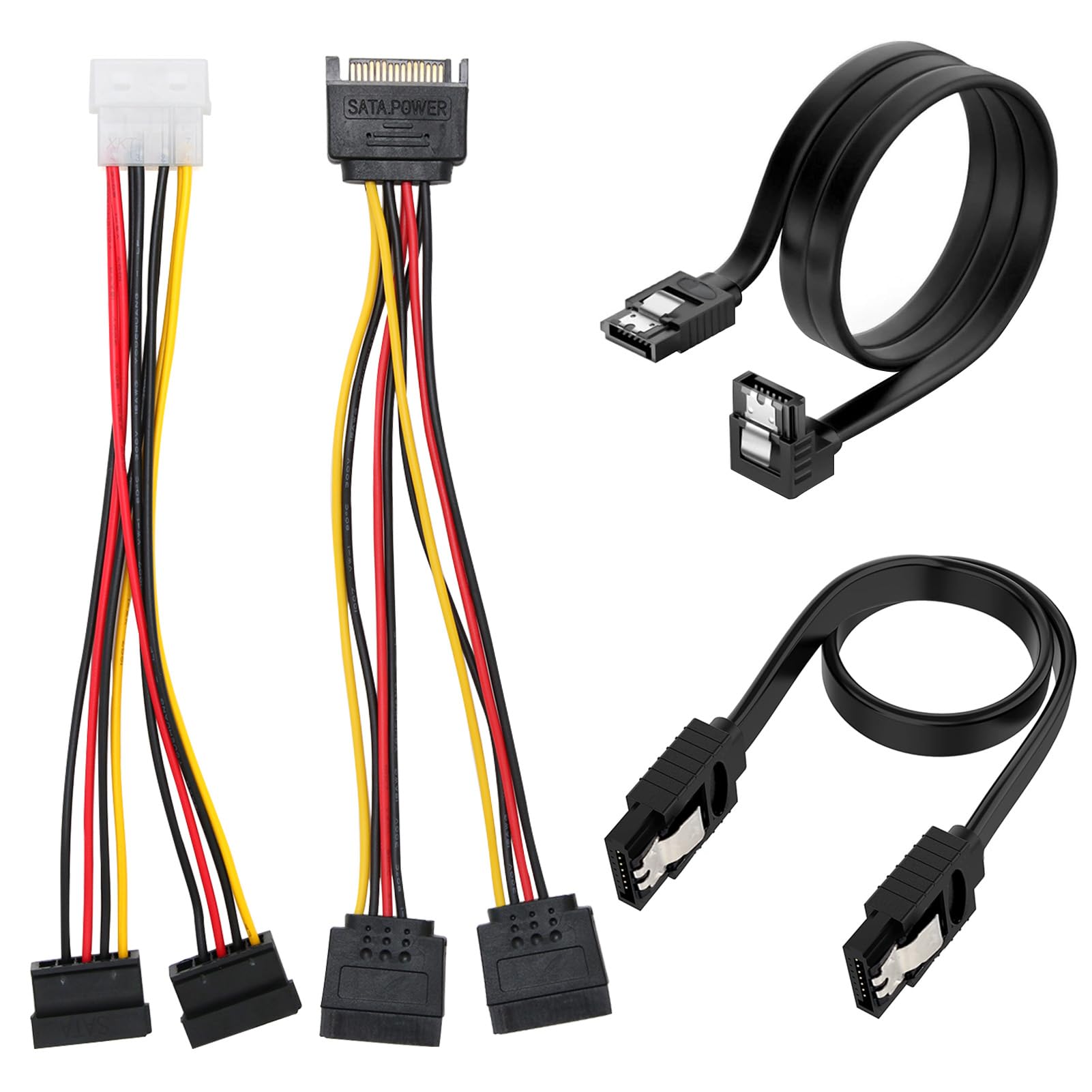 4 Pcs SATA Cables Kit, Comprehensive SATA III Data Power Cables for HDD SSD Right Angle Straight, Sata Power Splitter Male to Female Cable Mounting Kit Durable Compatible for All SATA Device Needs