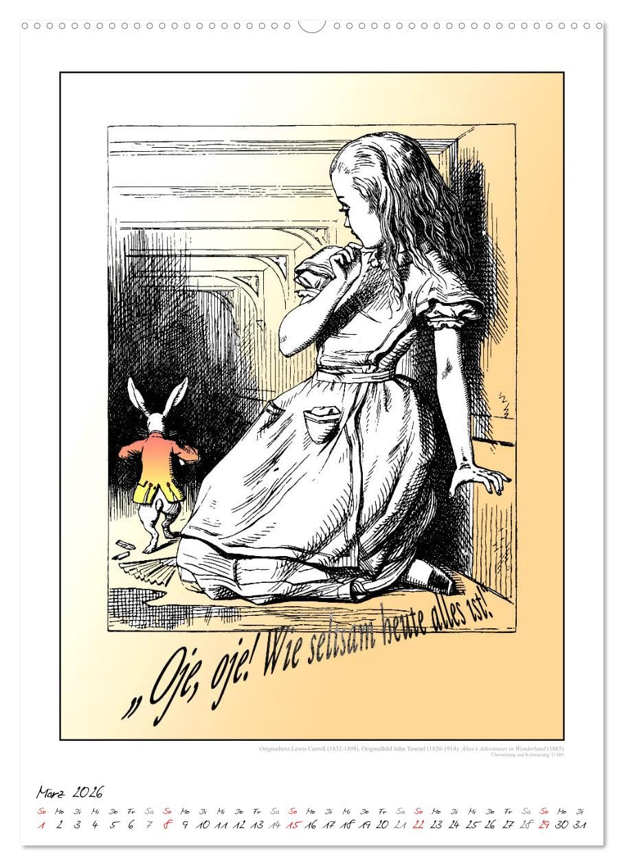 Alice im Wunderland - Weltliteraturkalender (Wandkalender 2026 DIN A2 hoch), CALVENDO Monatskalender: Weltliteratur. Klassiker der Kinderbuch-Literatur als Literaturkalender. (CALVENDO Kunst)