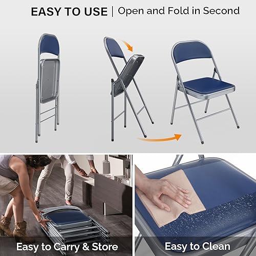 Miniatura 5 de VINGLI Paquete de 2 sillas plegables con asientos acolchados, marco de metal con asiento y respaldo de cuero PU, capacidad de 350 libras, juego de