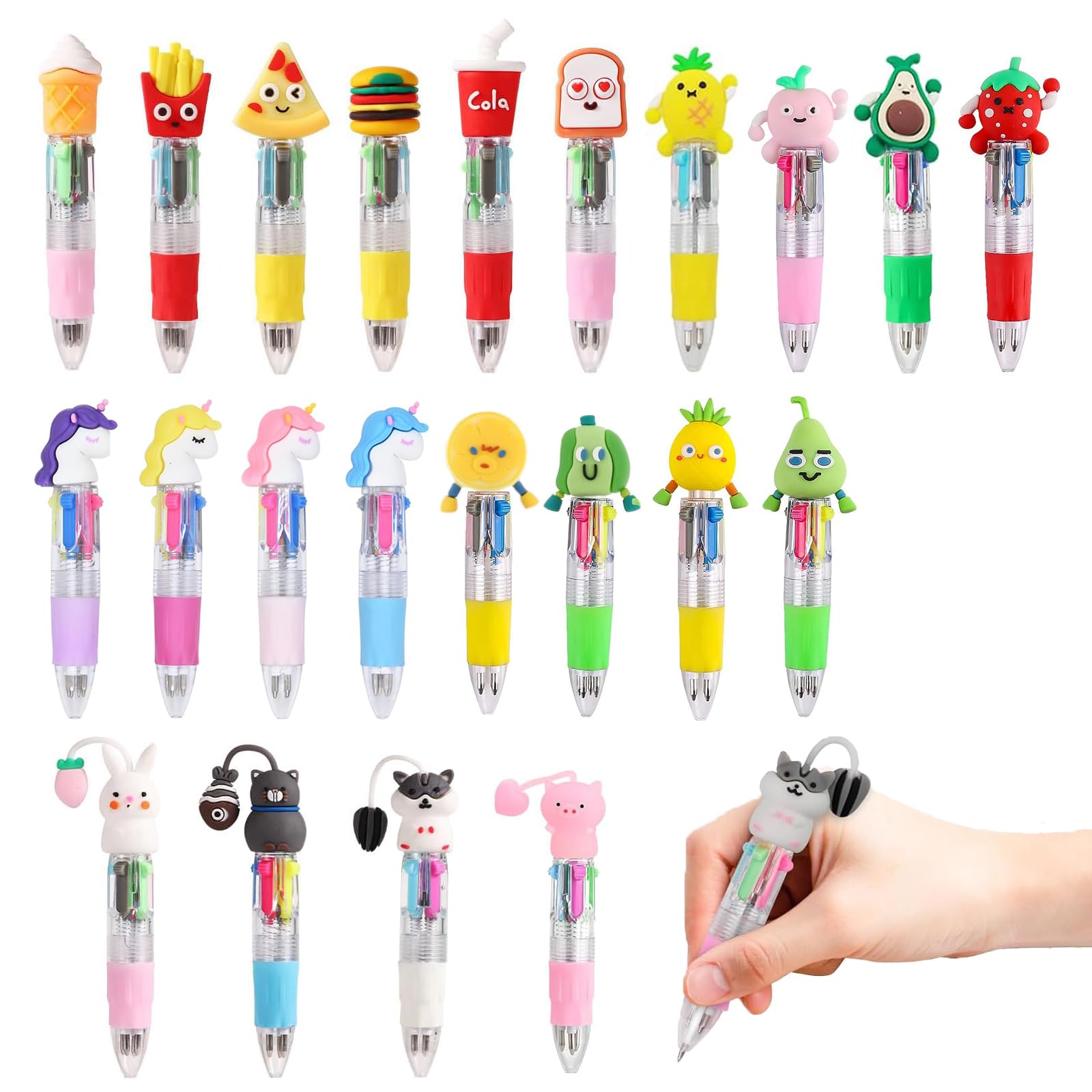 Vernerth Cute Multicolor Ballpoint Pen – 22 Pcs 4-in-1 Mini Cartoon Pens, Multicolour All-in-One Pens for Kids Party Bag, School Supplies, Office, Birthday Gifts, Fun Writing Accessories