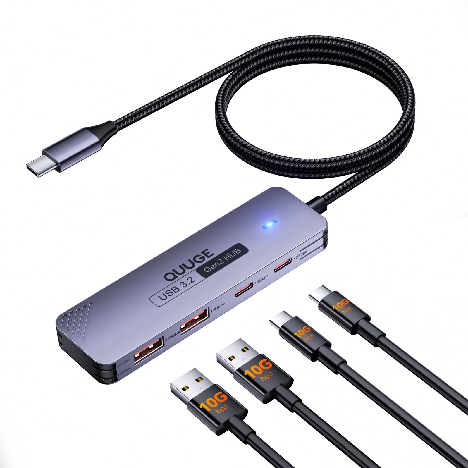USB C 3.2 Hub 10Gbps, QUUGE 4-in-1 Adapter mit 2 USB-C 3.2 & 2 USB-A 3.2 Ports, Aluminium Multiport Splitter mit 100cm Nylon-Kabel kompatibel für MacBook Air/Pro, Mac mini M4, iMac, Dell, HP, Lenovo