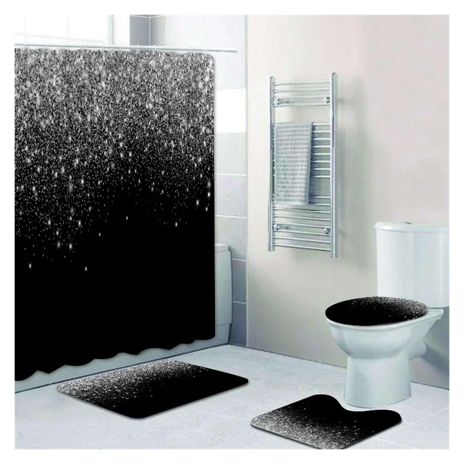 MZSKLW Shower Curtain Stylish Black Silver Falling Glitter Confetti Dust Bathroom Curtains Shower Curtain Set Grey Sparkling Bath Rugs Decor
