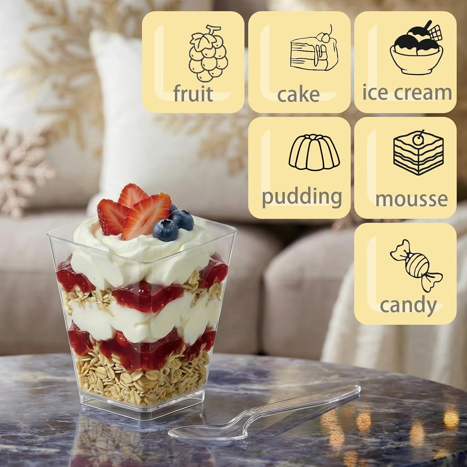 30 Pack 5 oz Square Dessert Cups with Spoons, Clear Plastic Parfait Cups for Party, Mini Serving Shooter Appetizer Cups, Dessert Shot Glasses for Tasting Samples Fruit Ice Cream - Image 6