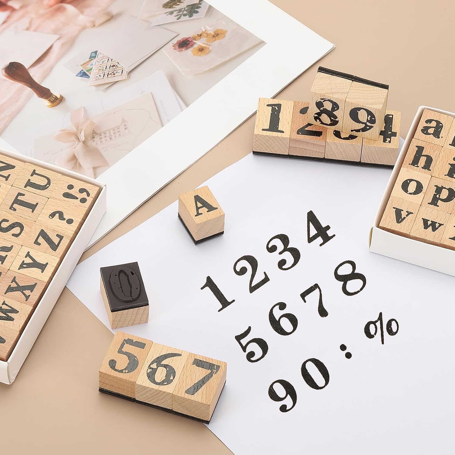 PATIKIL Wood Rubber Stamp, Letter Stamps Number Vintage Alphabet Set Wooden Stamper for Card Making DIY Crafting Scrapbooking, Brown