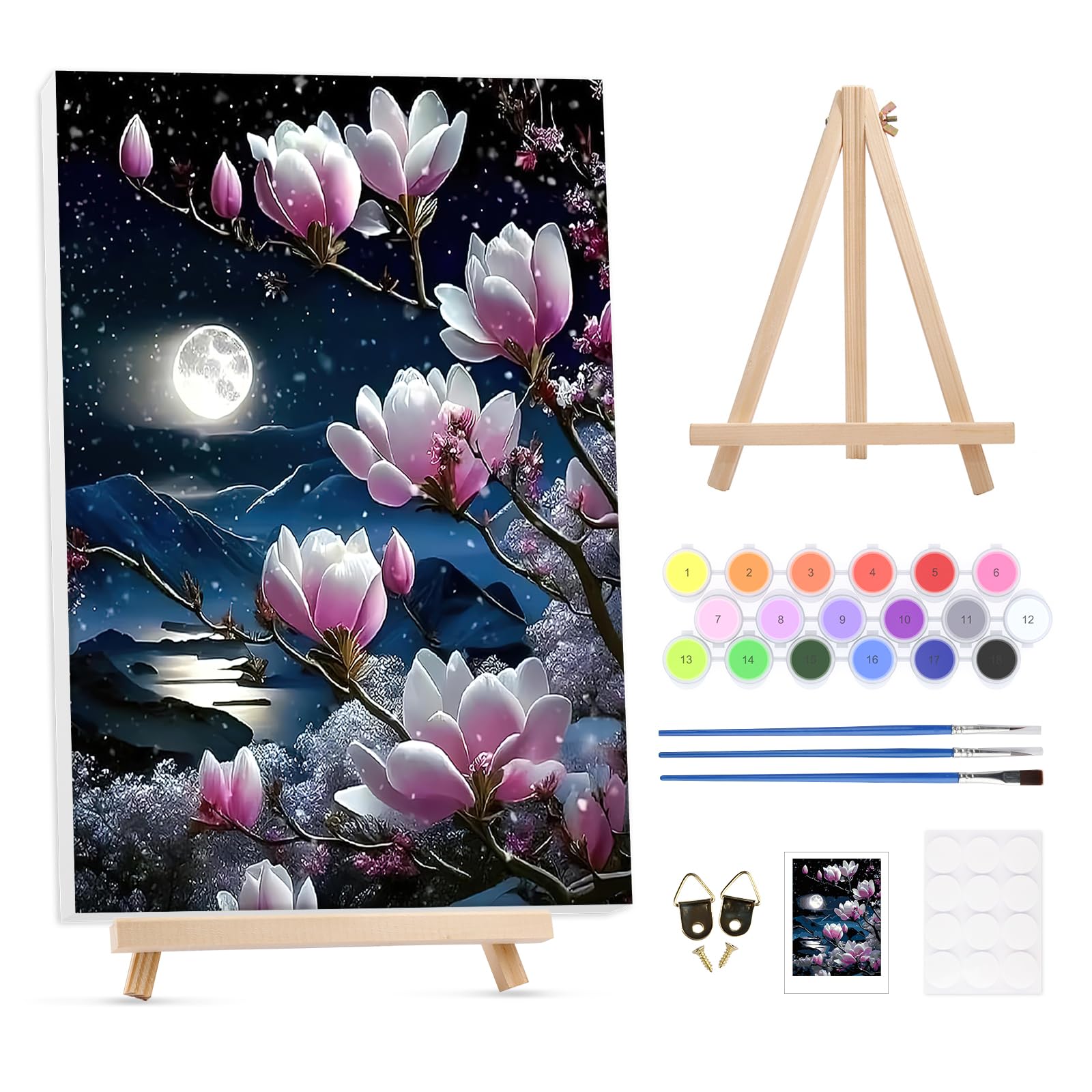 GHHKUD Kits de pintura por números para adultos con caballete de madera, kit de pintura acrílica al óleo por números para adultos principiantes en lienzo enmarcado, arte nocturno de flores y luna y