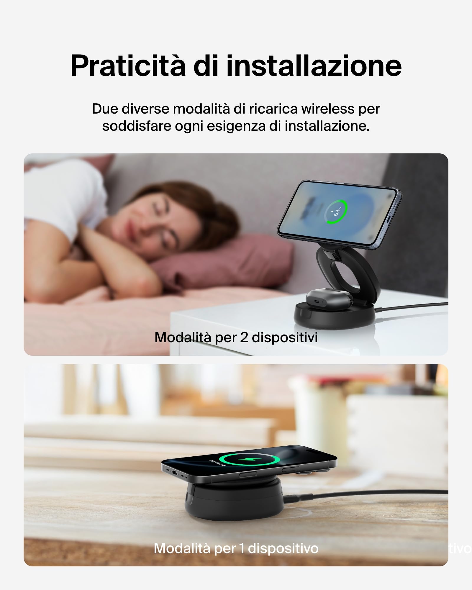 Belkin 2 in 1 Caricatore Wireless, Stazione di Ricarica Wireless 15 W, Caricatore Qi2 con MagSafe per iPhone 16 e AirPods, base piena antiscivolo, alimentatore da 30W - Nero