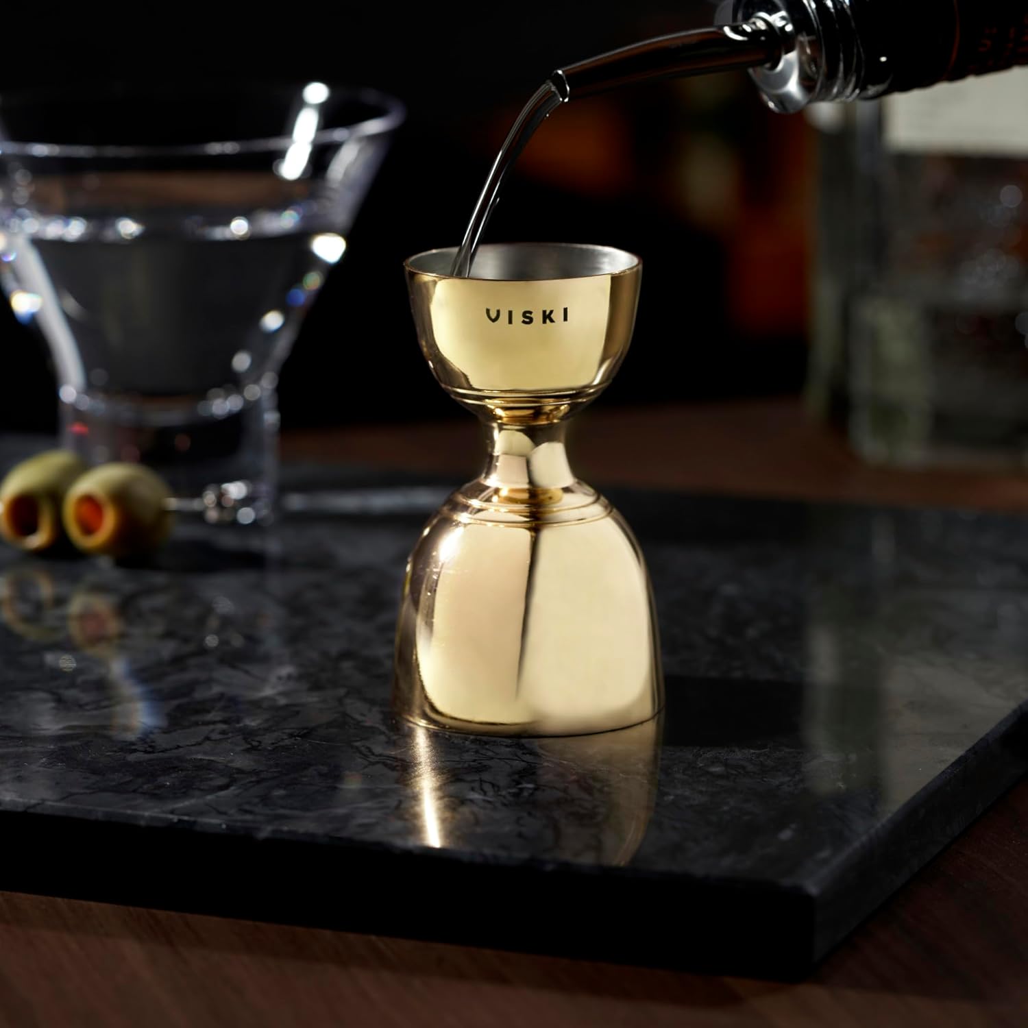 Viski Canterbury Double Measure for Cocktails - Bar Tools and Accessories, Stainless Steel Bartender Tool, Measuring Shot - Gold, Set of 1