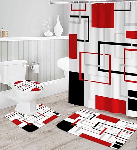 Miniatura 2 de Juego de cortinas de ducha rojo y negro, gris y blanco, geométrico de mediados de siglo, tapete de celosía de arte burdeos, 4 piezas, decoración de