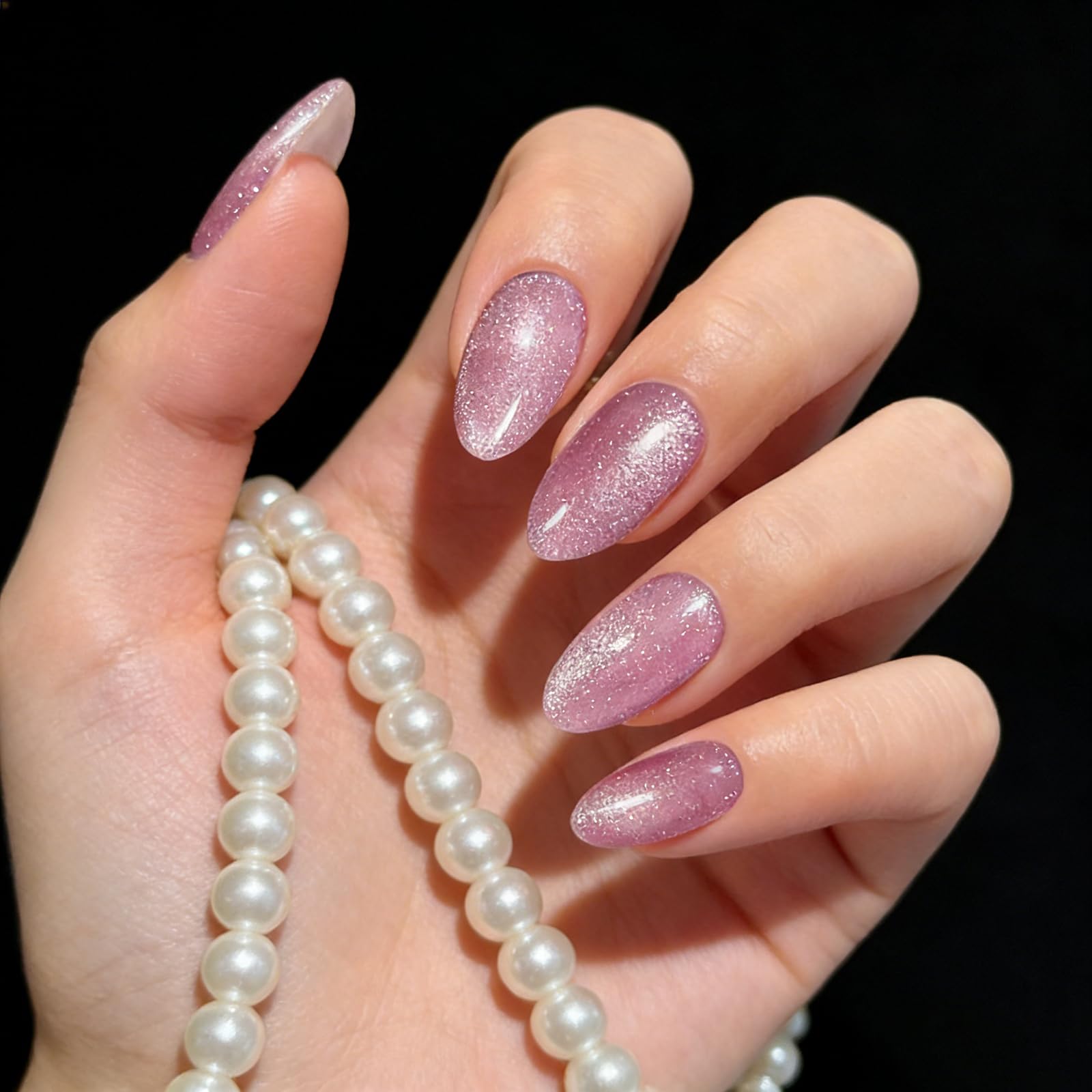 24 Pcs Cat Eye Press on Nails, Bling Dark Pink False Nails, Glazed Sparkly Glass Fake Nails Press ons, Reusable Soft Gel Stick on Nail for Women Summer