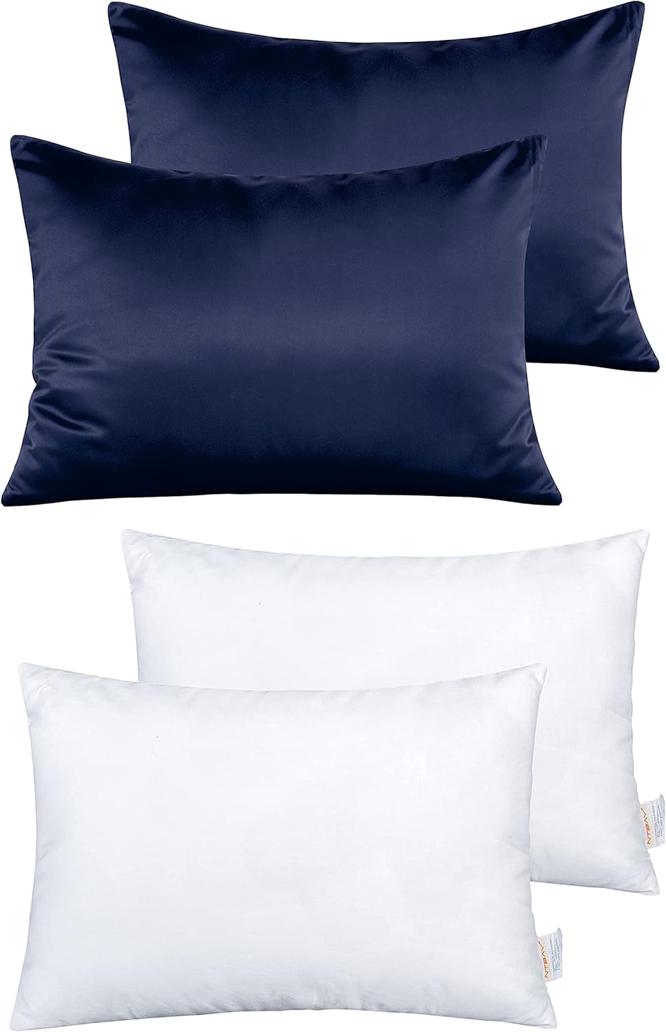 NTBAY 2 Pack Cotton 13" x18" Pillows with Toddler Satin Pillowcases, Soft Kids Crib Pillows for Sleeping with Zippered Baby Travel Pillow Cases in Daycare Preschool, Navy Blue