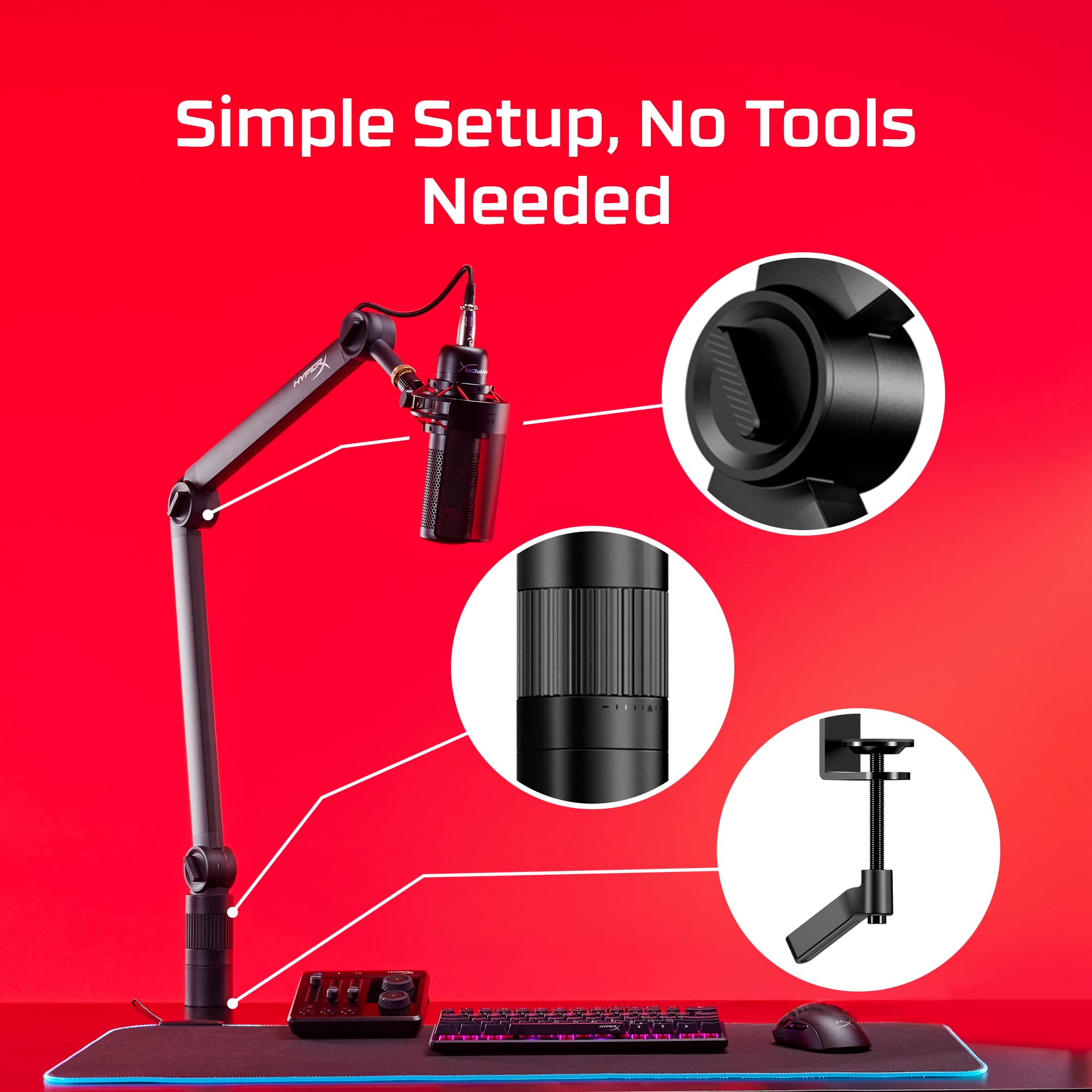 HyperX Caster, Braccio di Supporto per Microfono e Camera da 0,2 kg a 1 kg con Attacco Filettato da 1/4", 3/8" o 5/8", Rotazione a 360°, Cavi Nascondibili al suo Interno, Nero