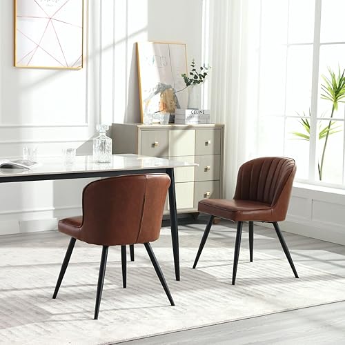 Miniatura 7 de Juego de 2 sillas de comedor verdes de cuero con respaldo, sillas de acento modernas de mediados de siglo, sillas laterales tapizadas sin brazos