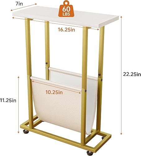 Miniatura 3 de Mesa auxiliar estrecha con revistero de piel sintética, moderna y delgada para sala de estar, dormitorio, sofá, color blanco