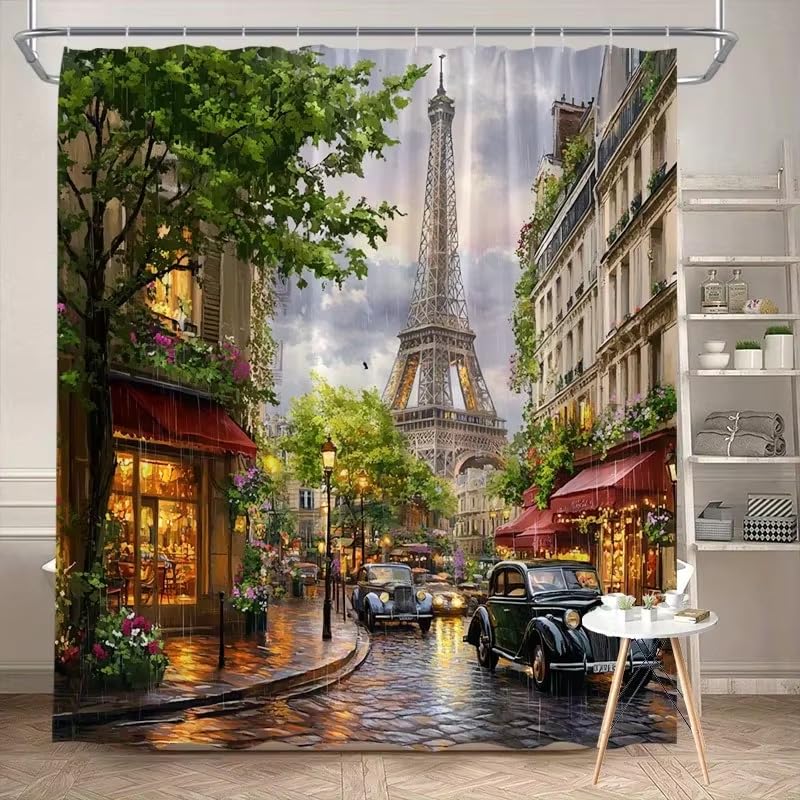 Rideau de douche imperméable anti-moisissure motif Tour Eiffel rétro