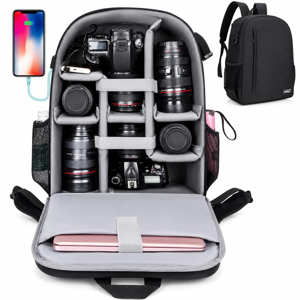 CADeN Sac à Dos étanche pour Appareil Photo Sac à Dos pour Appareil Photo Reflex Numérique Compatible avec l'objectif et Le trépied Canon Nikon Sony(Noir)
