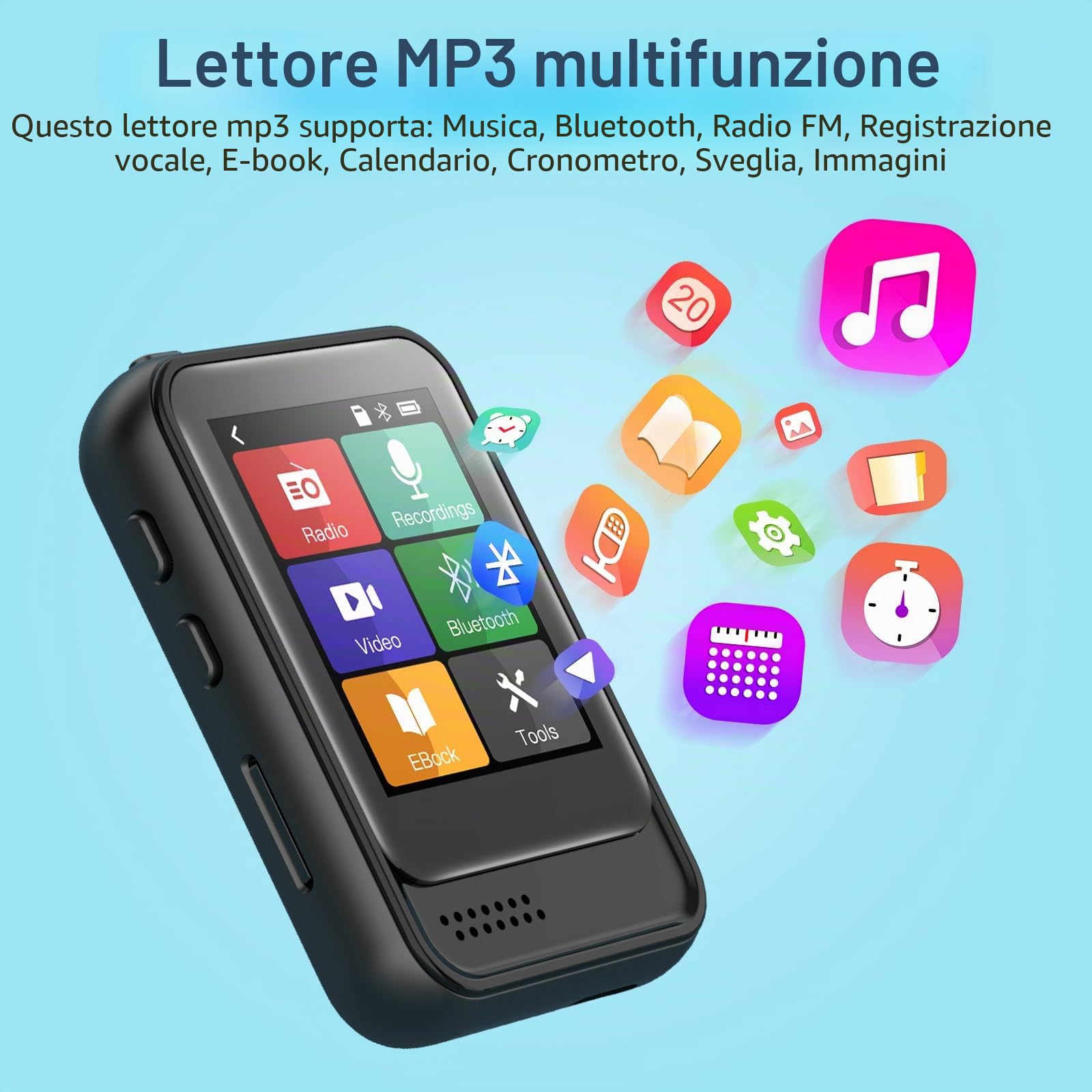 Lettore MP3 Bluetooth, lettore musicale portatile con memoria interna da 16 GB, supporto radio FM, registrazione vocale, eBook, lettore MP3, per bambini