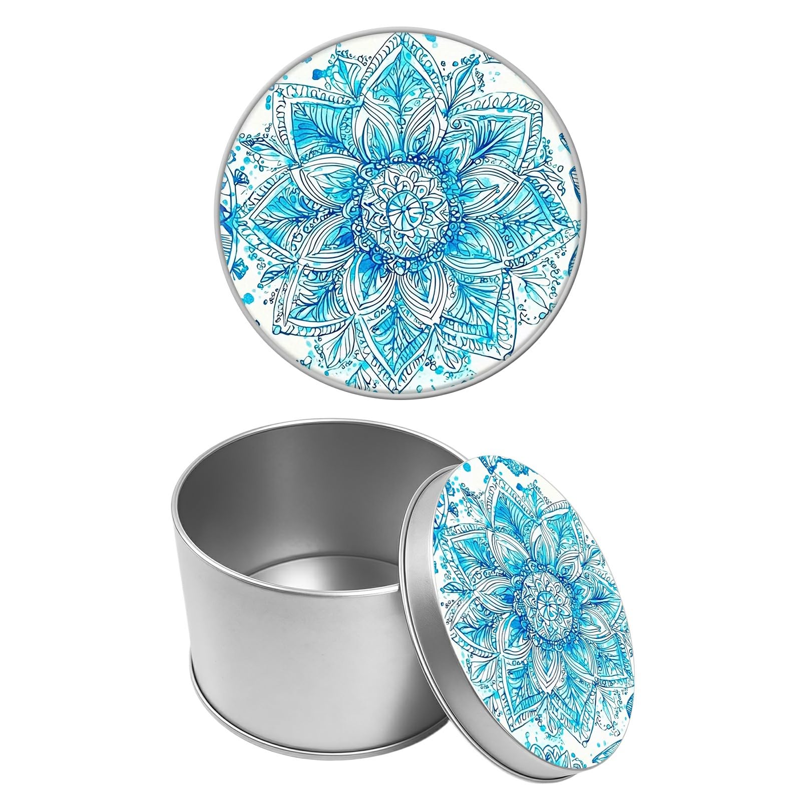 Round Metal Tin Container with Removable Lid, Light Blue Mandala Durable Metal Storage Box for Cookies Spices Tea Candies Cakes Jewelry Cosmetics 3.54 x 2.36 inch– Single Pack
