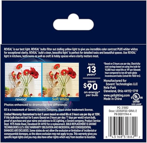 Miniatura 3 de GE Reveal Bombillas LED, 60 W Eqv, luz HD+, bombillas de ventilador de techo A15, base pequeña transparente (paquete de 2)