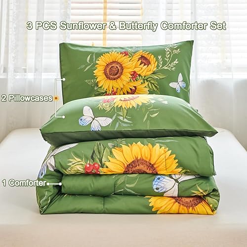 Miniatura 6 de Juego de edredón verde de girasol, juego de ropa de cama de 3 piezas con flores amarillas con plumón alternativo de mariposa, juego de edredón