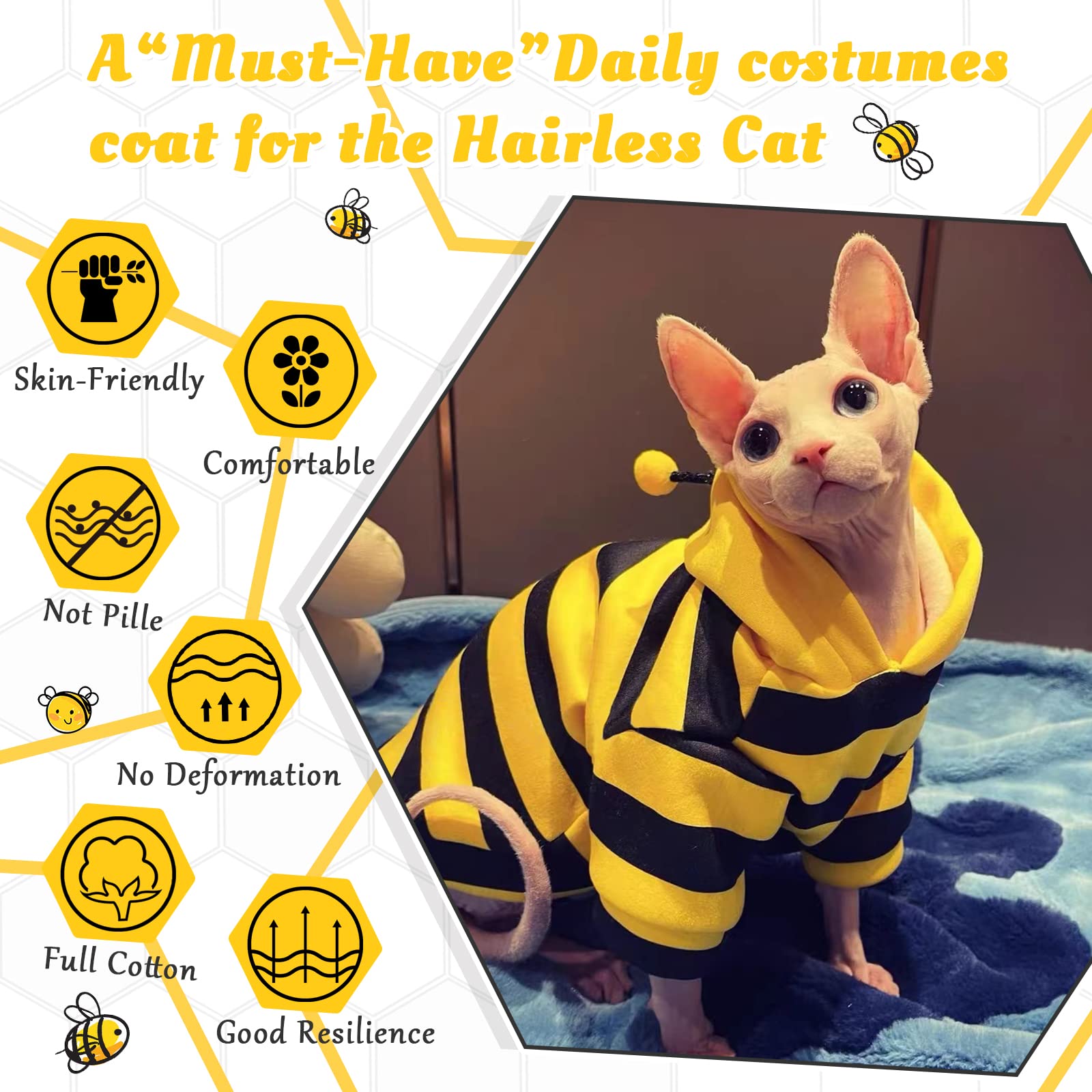 QBLEEV Sphynx - Ropa de gato de abeja, disfraces de gato solo para gatos, suéteres sin pelo, camisa cálida para gatitos, pijama de gato, ropa de mono para gatos machos y hembras