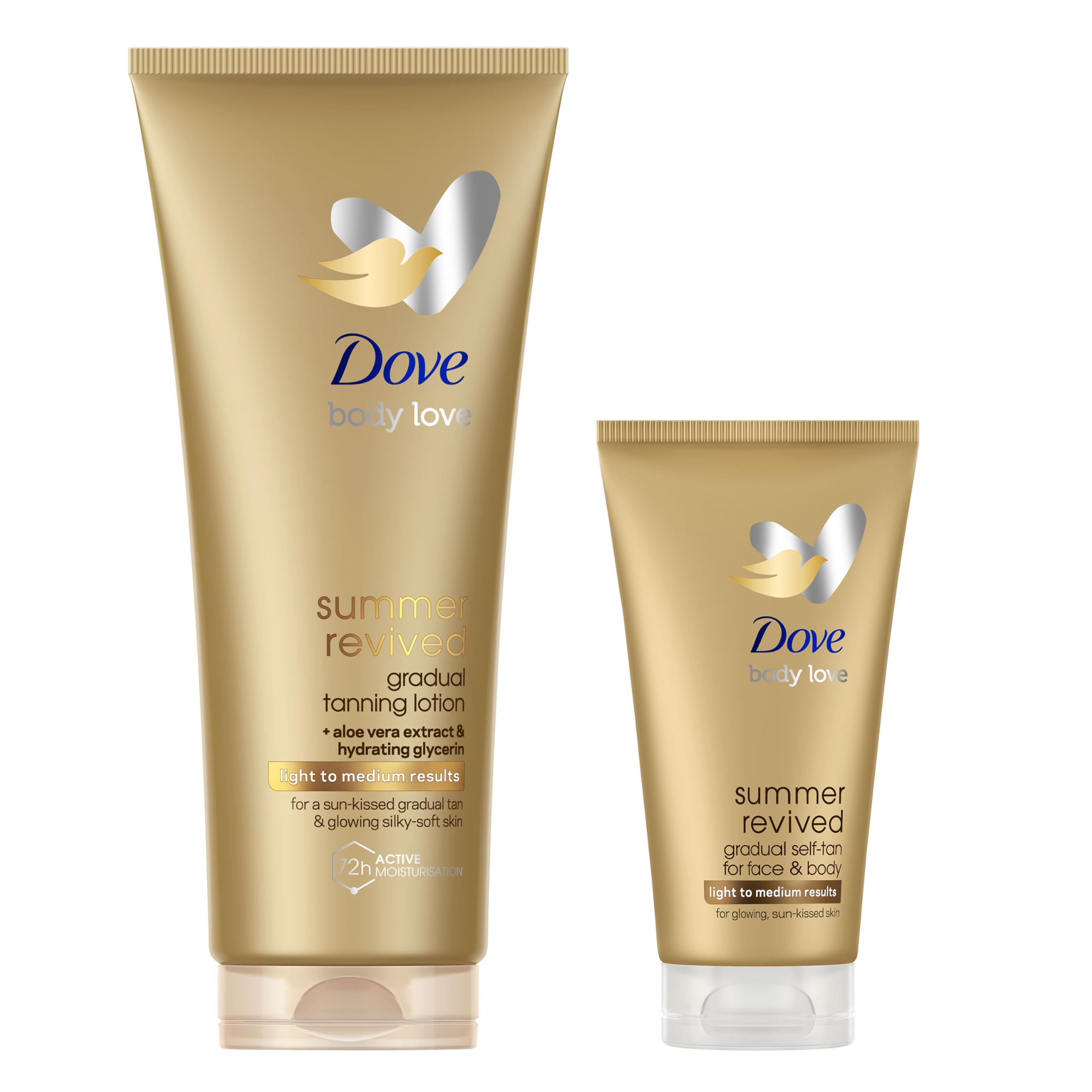 Dove Summer Revived stopniowy samoopalacz do twarzy i ciała o jasnym do średniego odcieniu, szybkoschnący, bez smug, 200 ml i 75 ml
