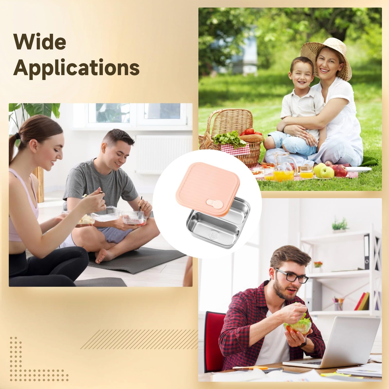 Lot de 4 boîtes repas en acier inoxydable, 2 compartiments simples 21,9 oz, 2 compartiments doubles 20,3 oz, contenants métalliques pour snacks, fruits, sandwichs, déjeuner à emporter