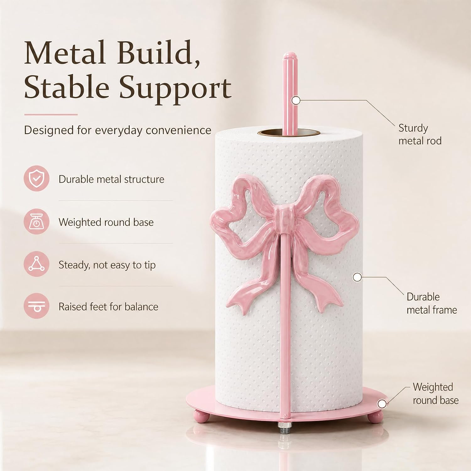 Whaline Pink Bow Paper Towel Holder Cute Coquette Large Metal Towel Holder Stand for Pink Kitchen Decor Home Bathroom Countertop Accessories Gift