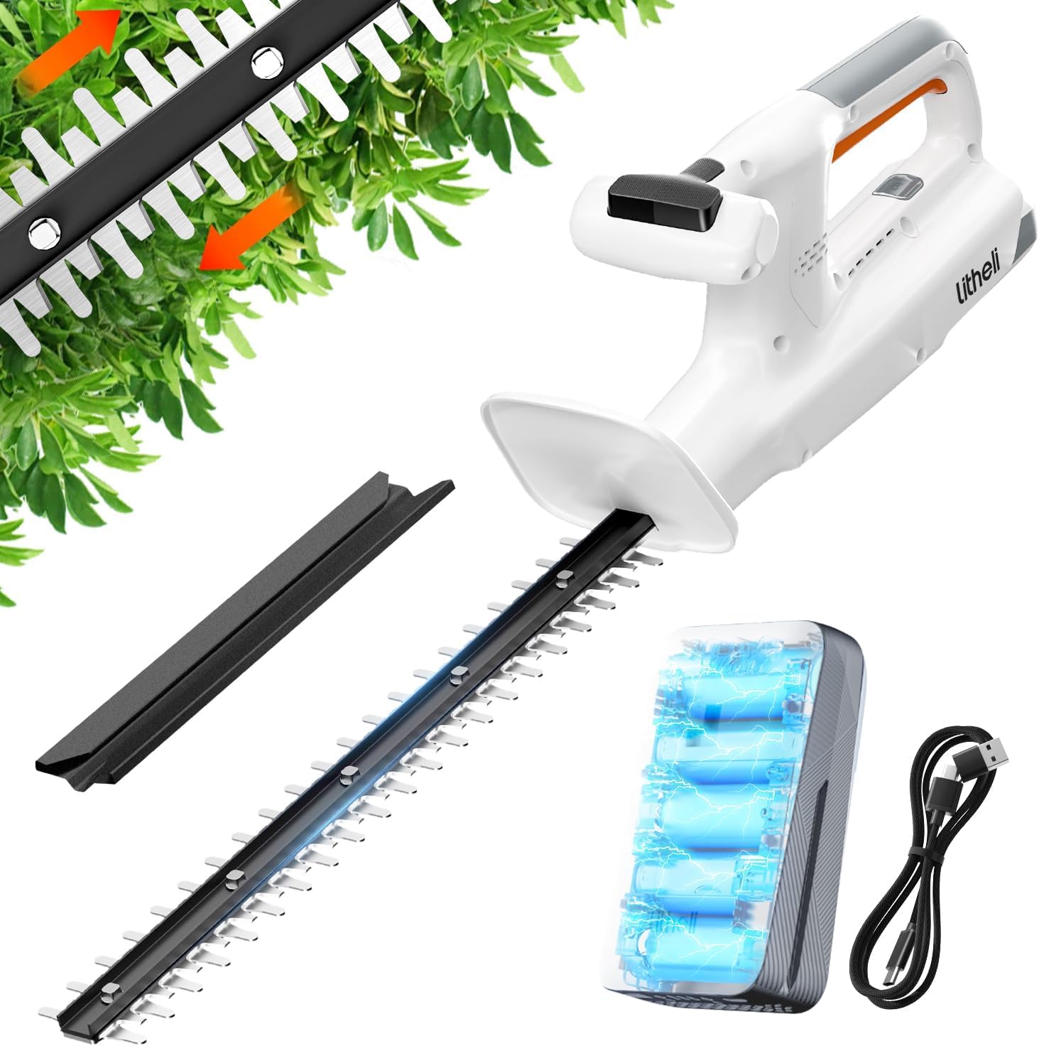 Litheli Recortasetos a batería 20V con batería de 2,0 Ah, Hedge Trimmer mit einem 2,0 Ah Akku. ergonomischer Griff, 45CM Messerlänge für leichte Trimmarbeiten, Leicht Gewicht