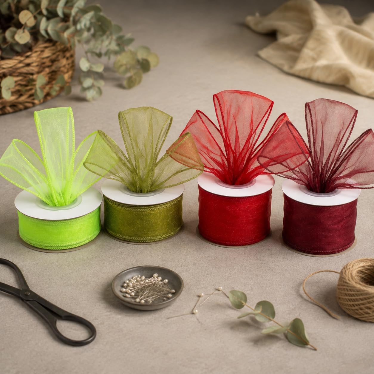 Ribbon Roll with Wire Edge for Decorative Gift Boxes Chair Adornments Bouquet Wrapping Transparent Nylon Weave Malleable Border 18.2, 25mm W x 18.2m L, Green image 4
