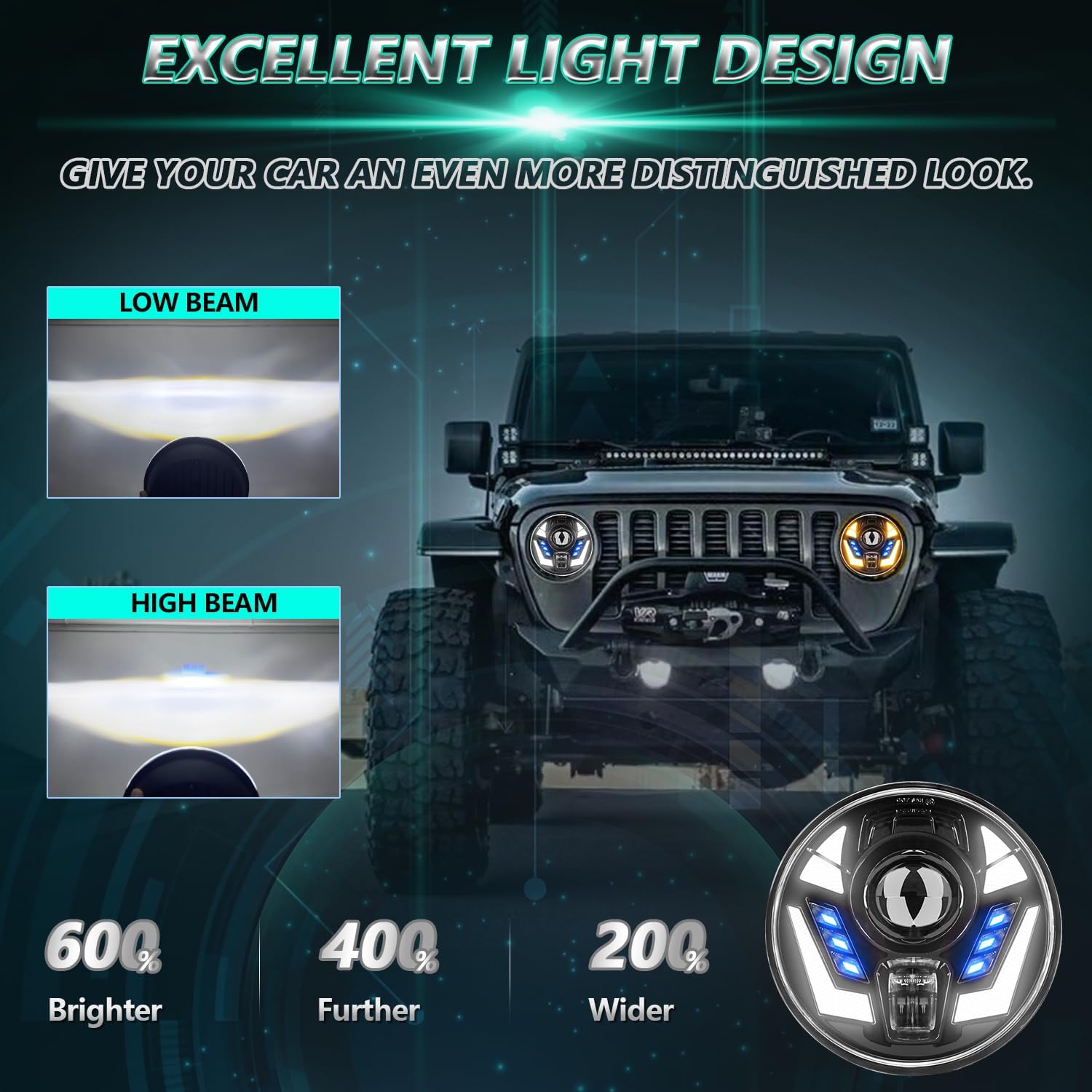 MONDEVIEW 7 Inch LED Headlight Round LED Headlights H6024 High Low Sealed Beam with Turn Signal DRL Compatible With Jeep Wrangler JK TJ CJ Chevy Ford Nissan Hummer
