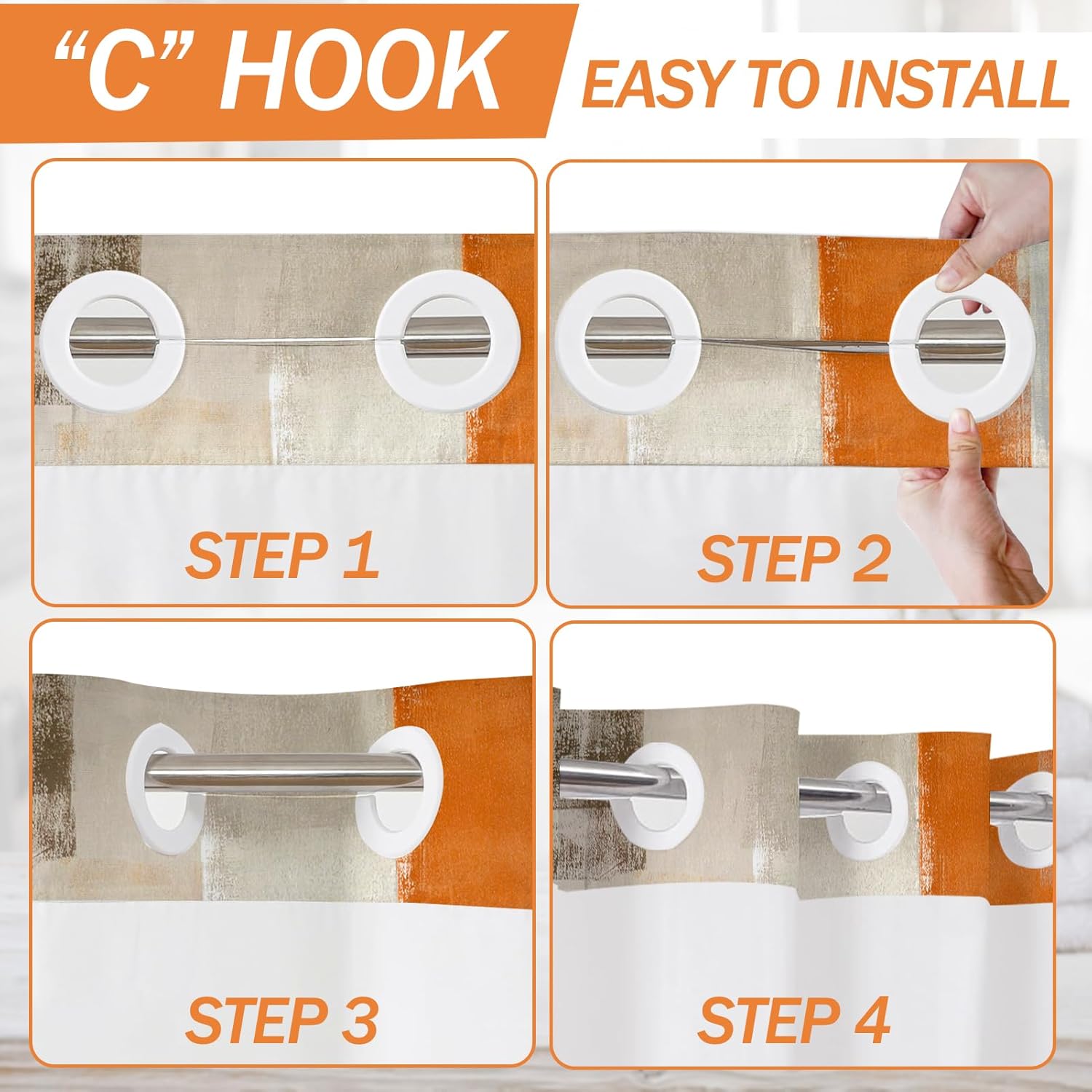 Lnond No Hooks Shower Curtain with Snap in Liner, Orange Grey Abstract Hookless Shower Curtain for Bathroom, Machine Washable, 71" (W) X 74" (H)