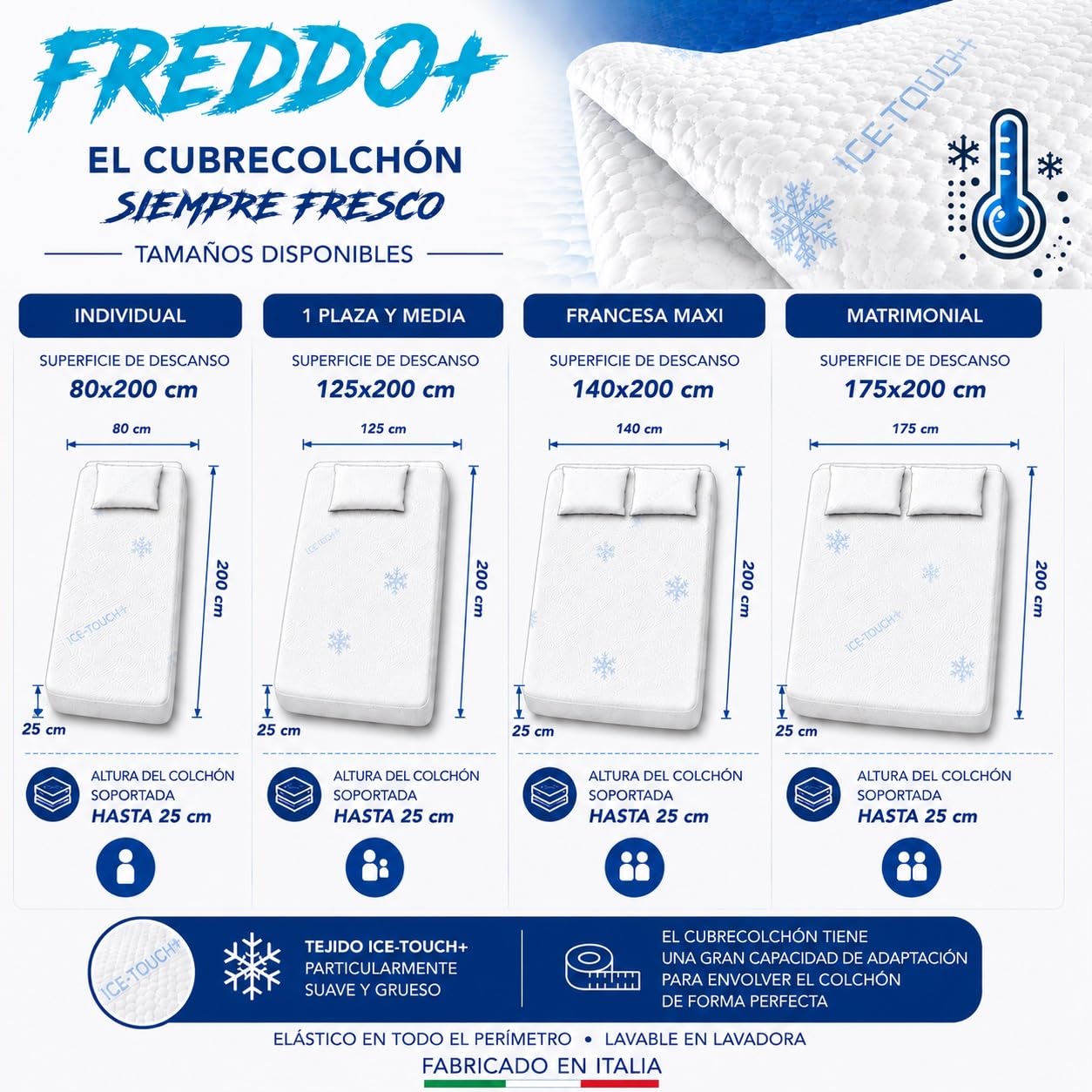 Tex family Cubrecolchón refrescante frío + Ice-Touch, de Verano, termorregulador, Transpirable, Antihumedad, Suave, elástico, 2 plazas - Cm. 175x200 + H25