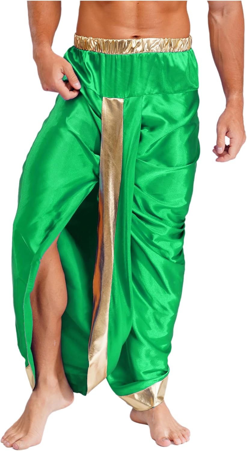 Jugaoge Men's Readymade Shiny Dhoti Pants Indian Traditional Silk Stain Harem Pants for Halloween Costumes