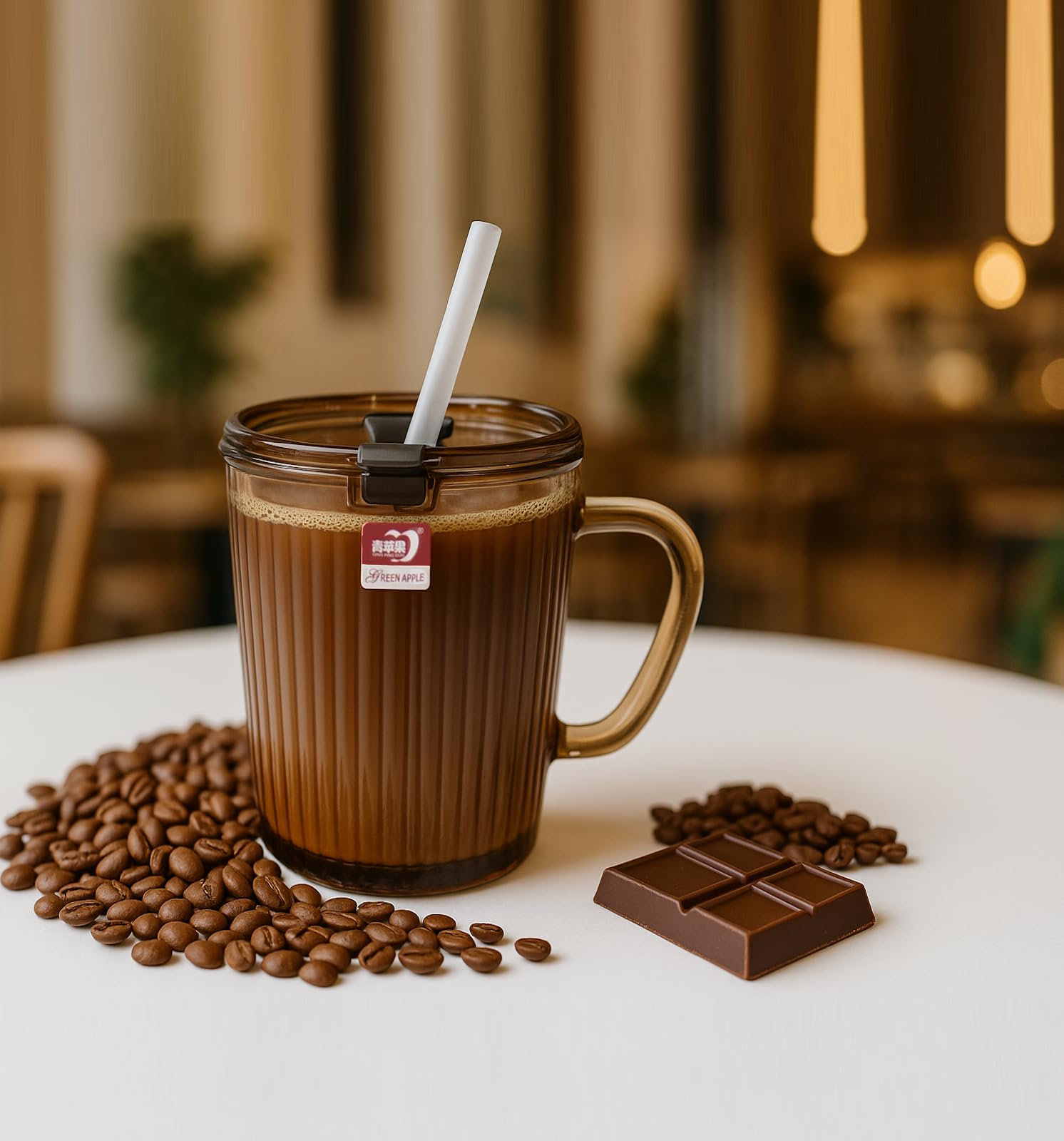 Kapaklı Pipetli Cam Kupa Bardak Çay Kahve Meşrubat Tatlı Bardağı Kahverengi 370 ml