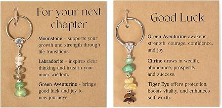 Set of 2 Natural Crystal Key Rings, Stone Key Holder, Lucky Stones Keychain, Includes Greeting Card, for Best Friends and Family
