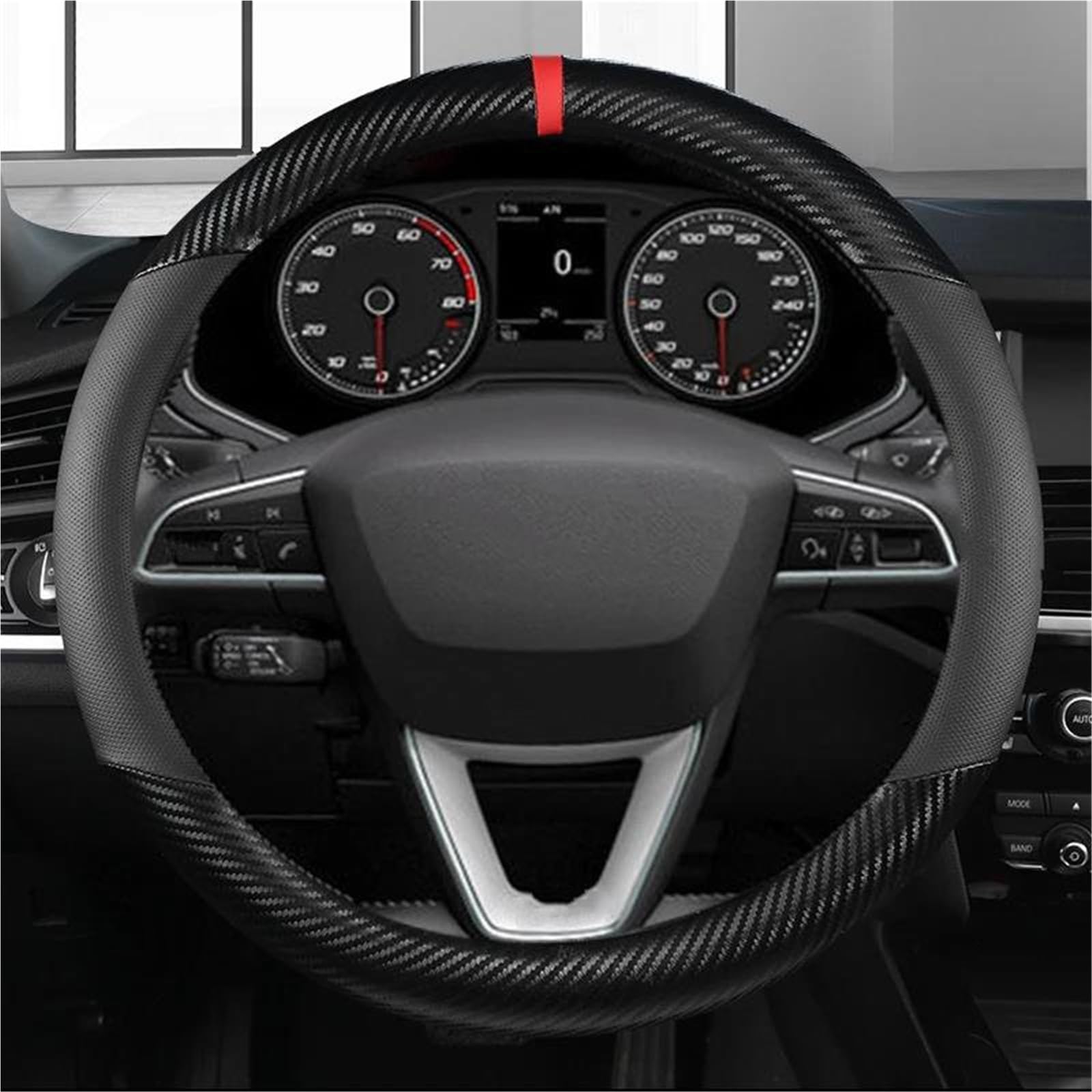 SQOFJDF Steering Wheel Cover Carbon Fiber Car Steering Wheel Cover For Seat For Leon 5F Mk3 2013-2021 For Ibiza 6J For Tarraco For Arona For Ateca For Alhambra Car Wheel Cover(BLACK O SHAPE)
